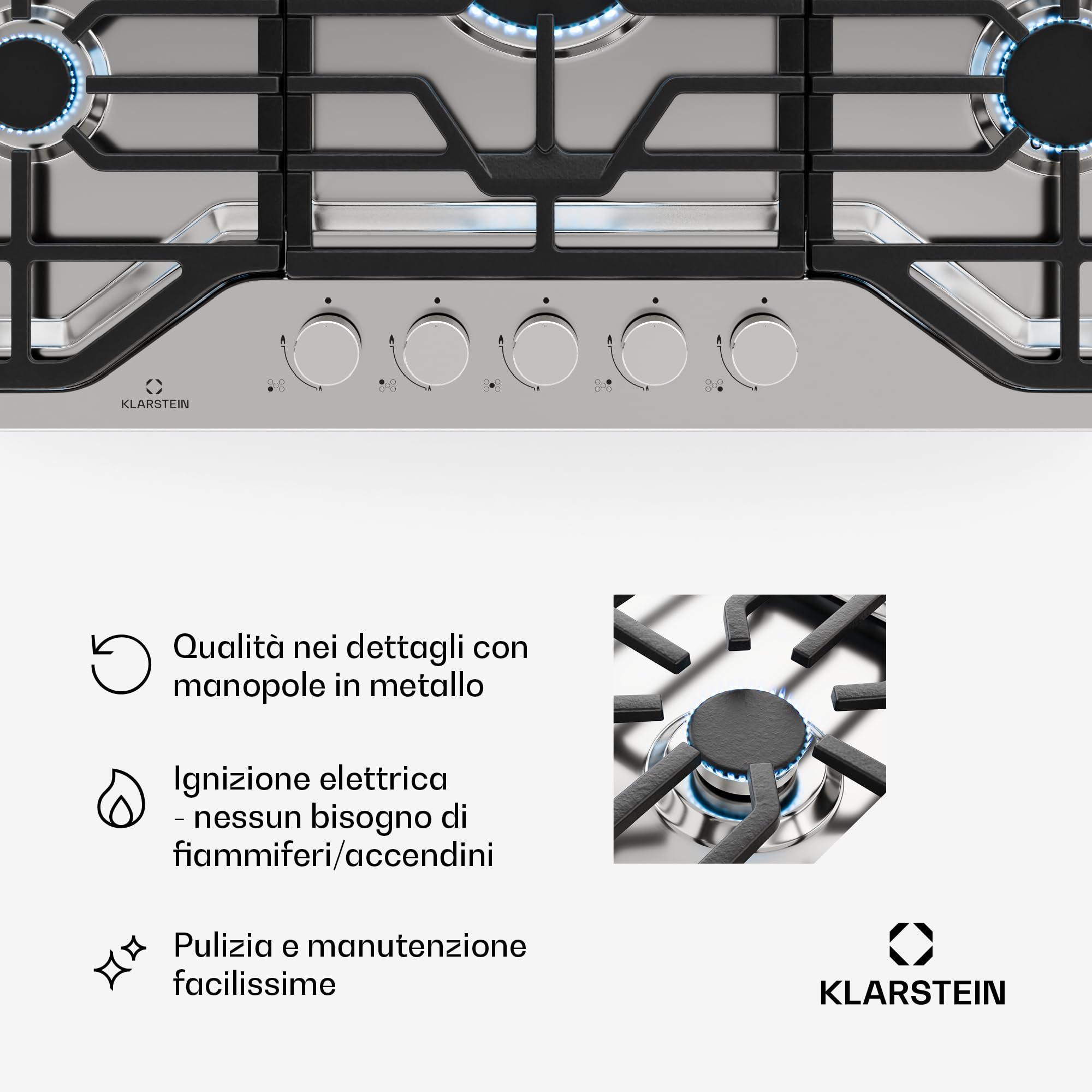 Klarstein Turbocast - Piano Cottura a Gas, 5 Bruciatori, Acciaio Inox 304, Wok: 3,4 kW, GPL, Accensione Elettrica, Supporti in Ghisa, Kit di Conversione Incluso, 910x85x510 mm