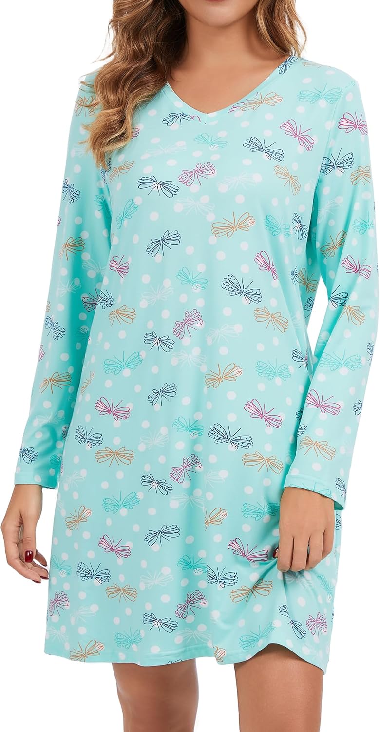 2 Pack Long Sleeve Nightgowns for Women Soft Cotton Night Gowns Sleepwear V Neck Nightshirts - Image 4
