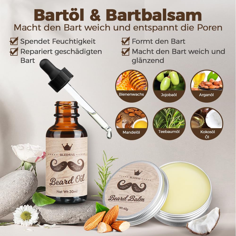 Bartpflege Set für Männer, Bledras 13 in 1 Bartpflege Geschenkset mit Bartshampoo, Bartöl, Bart Balsam, Bart Kamm, Bartbürste, Bartschere, Bartschablonen, Bart Set Geschenk für Männer