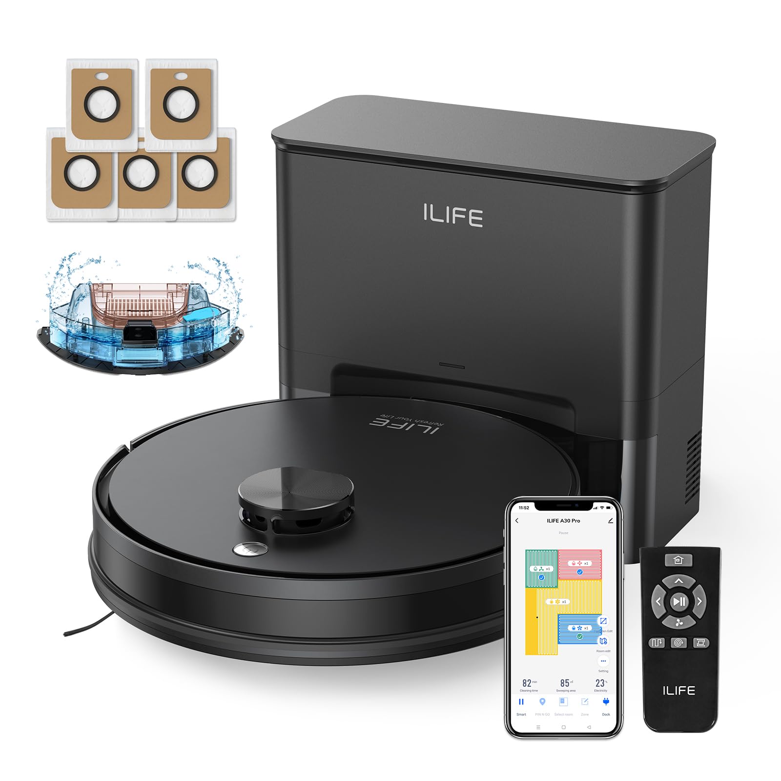 ILIFE60 Days Self Emptying, LiDAR Navigation, 150 Min Max, App, Remote & Voice Control, Ideal for Hard Floors, Carpet & Pet Hair A30 Pro Robot Vacuum and Mop,10000Pa Max Suction, Black
