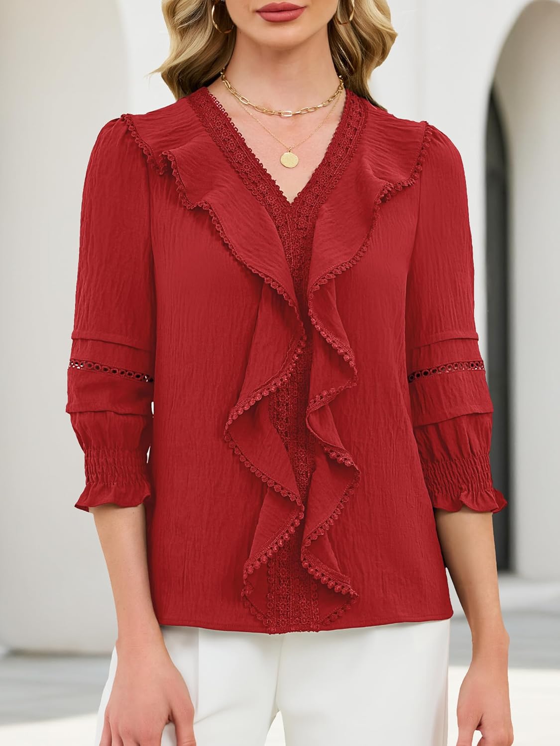 Funlingo 3/4 Length Sleeve Womens Tops Ruffle V Neck Blouses for Women Dressy Casual Lace Crochet Shirts with Smocked Cuffs - Image 2