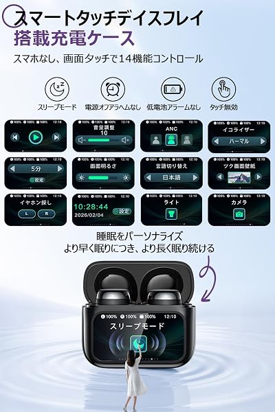 イヤホン bluetooth ワイヤレスイヤホン 【2026年衝撃作Bluetooth6.0・多機能タッチスクリーン】 ブルートゥースイヤホン 最大60時間再生 ANC+ENC対応 スリープモード 3g超軽量 5EQモード クリア通話 HI-FI音質 Type-C急速充電 低遅延 瞬時接続 IPX7防水 マイク付き 片耳/両耳 通勤/会議/音楽用(ブラック) - 3