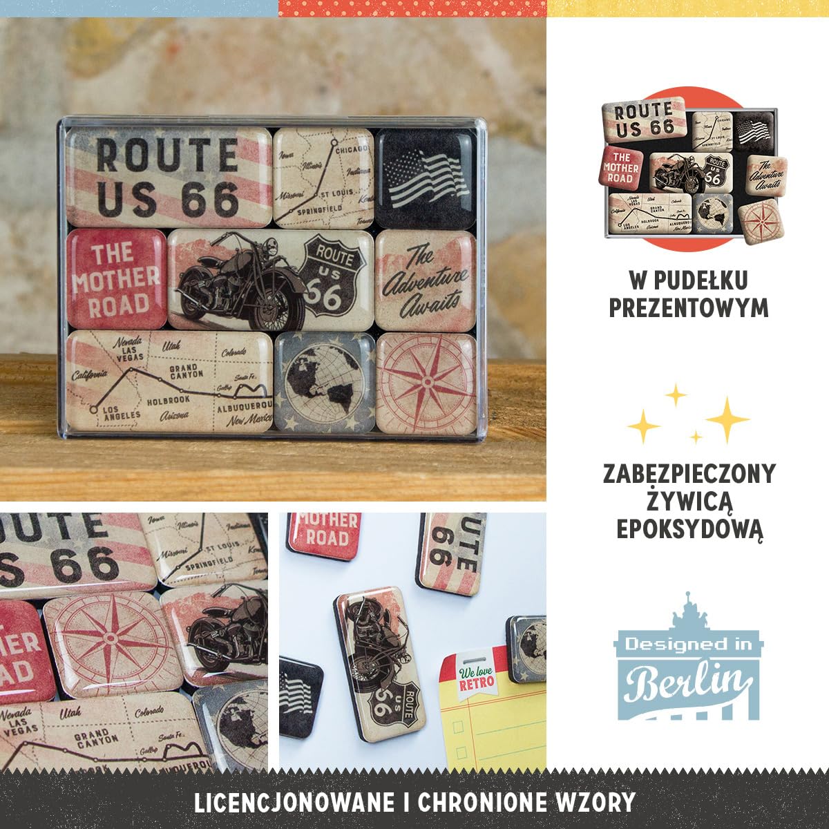 Nostalgic-Art Retro magnesy na lodówkę, 9 sztuk, Route 66 – Bike Map – Pomysł na prezent dla miłośników Ameryki, zestaw magnesów, Styl vintage