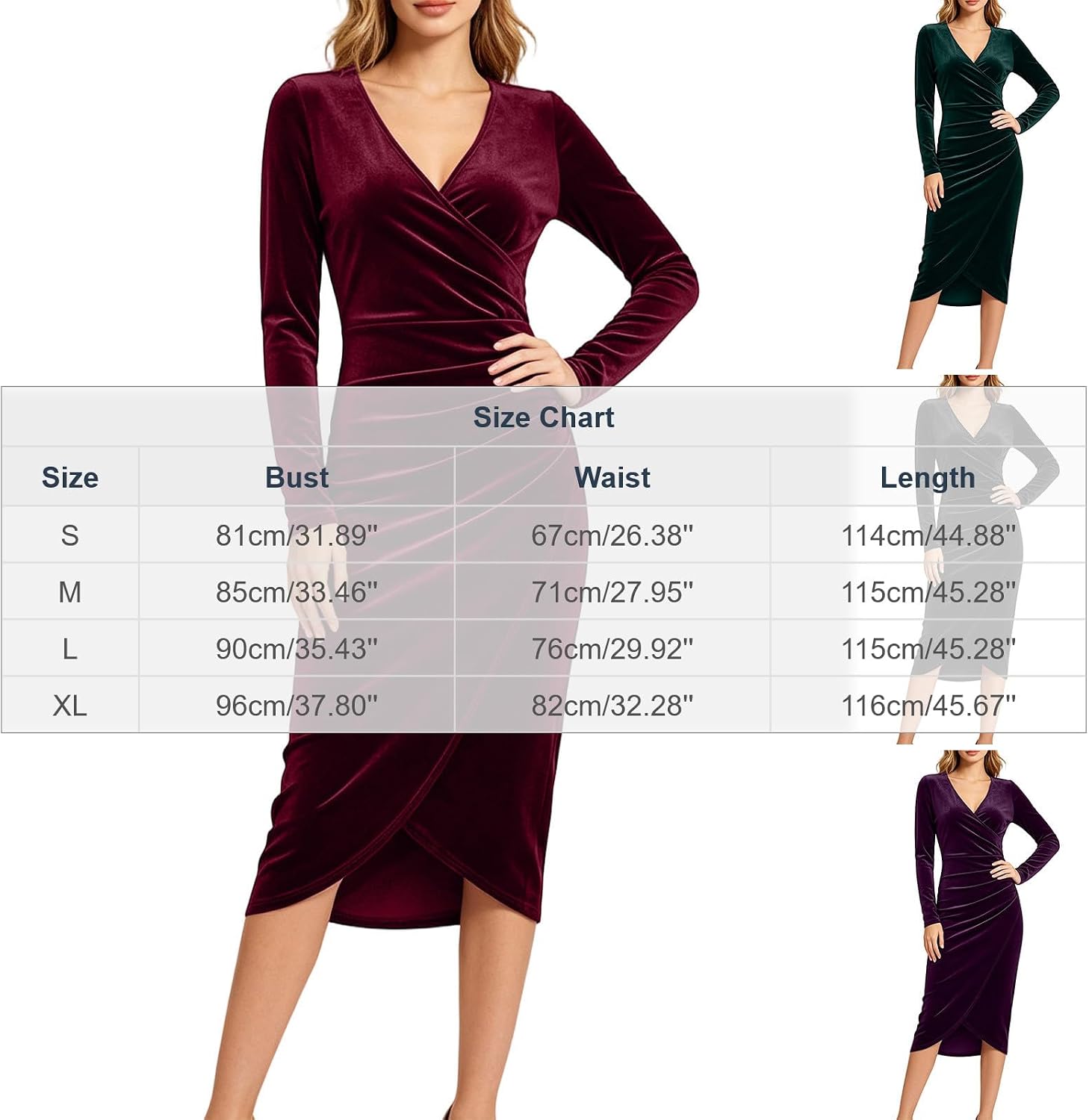 Women Velvet Midi Dress Long Sleeve V Neck Wrap Ruched Party Dress
