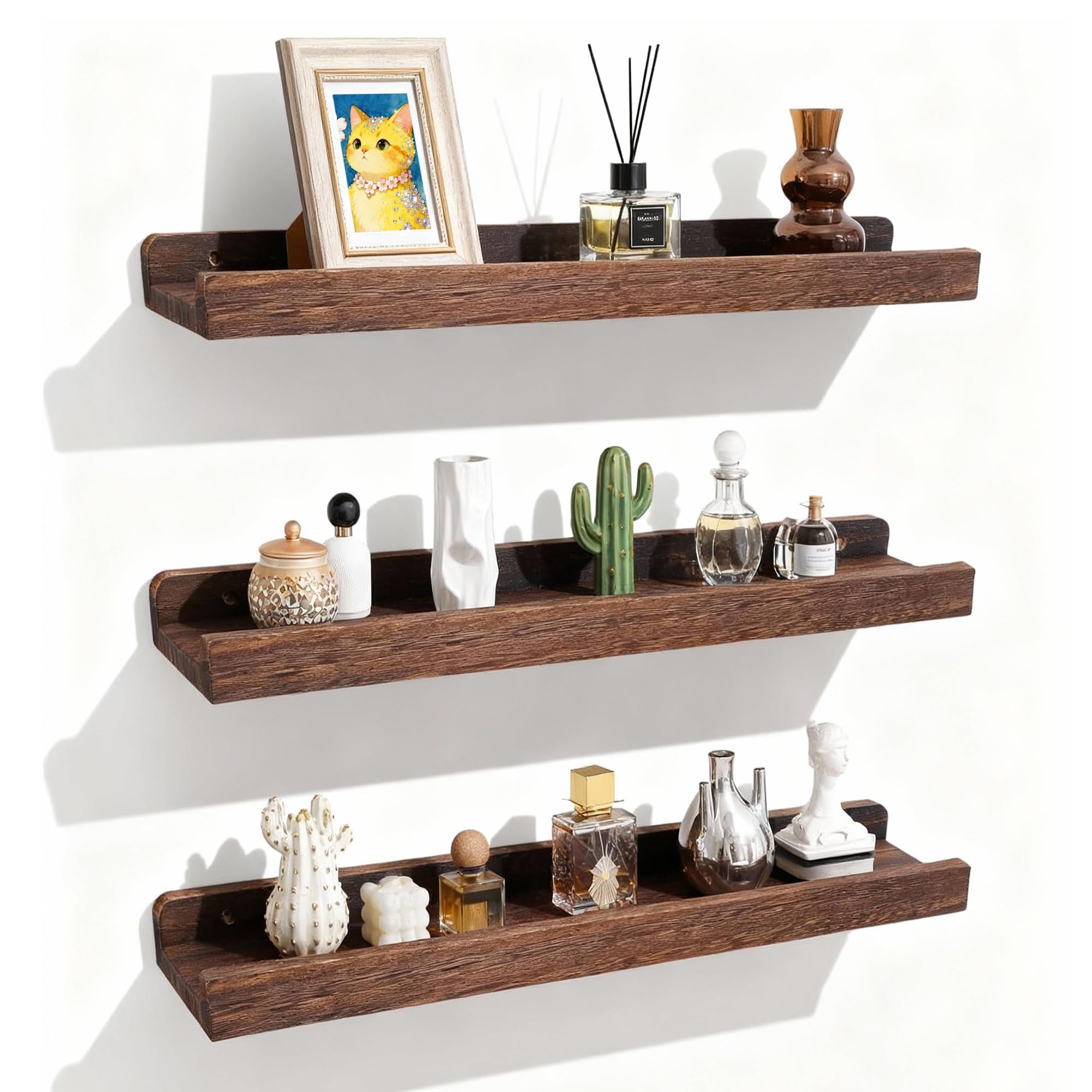 Estantes Flotantes, Estanterías de Exhibición de Pared Rústica para Sala de Estar, Organizador de Madera de 3 Niveles con Madera de Paulownia, 42x11x4cm (Brown)