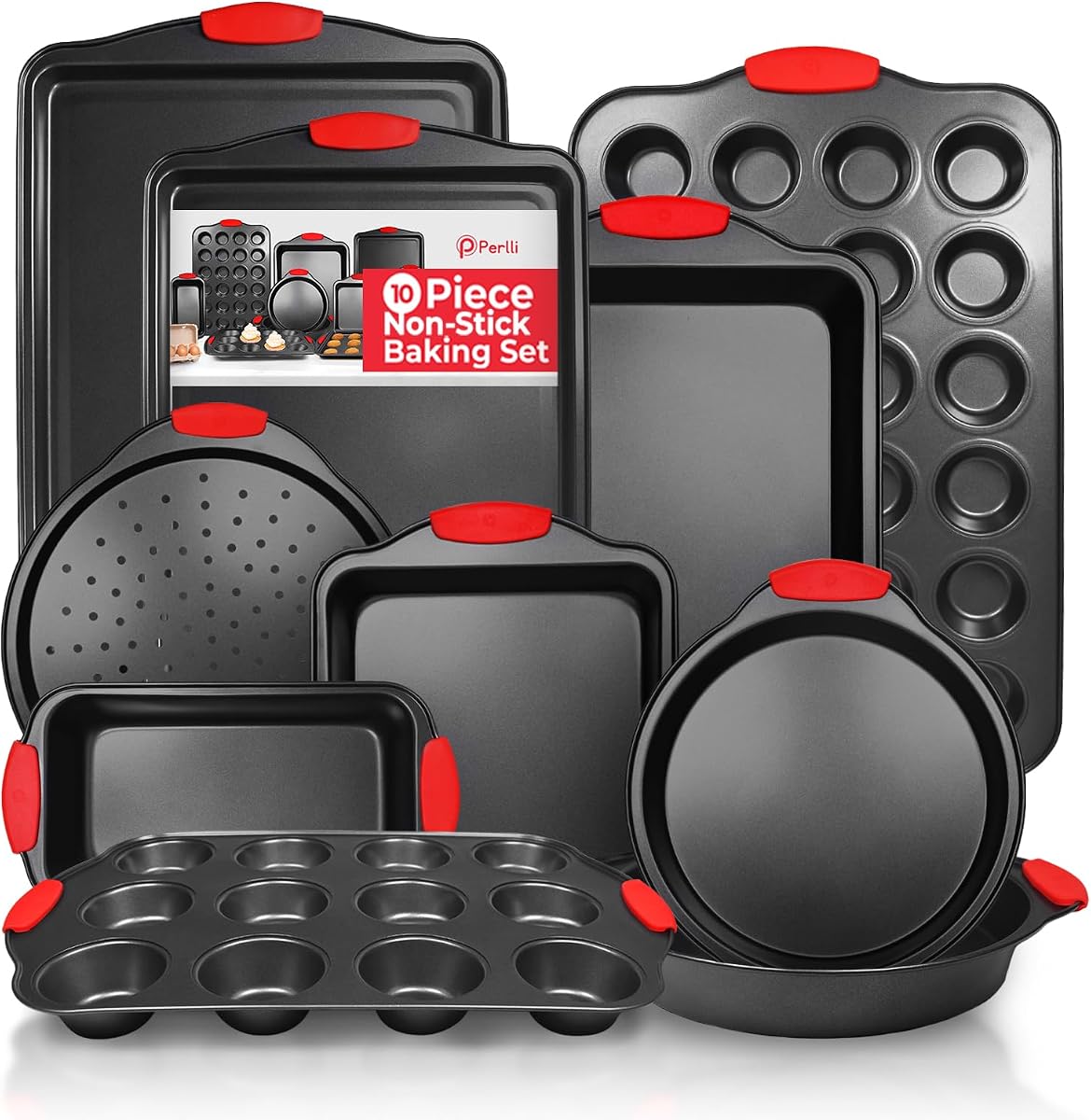 Non-Stick 10-Piece Baking Pan Set, BPA-Free Carbon Steel Bakeware Set with Silicone Handles, Stackable Kitchen Oven Set, Cookie Sheet, Baking Tray, Baking Sheet Set, Oven Safe (446°F)