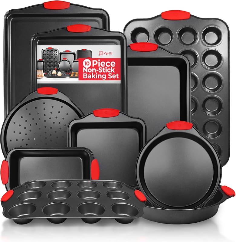 Non-Stick 10-Piece Baking Pan Set, BPA-Free Carbon Steel Bakeware Set with Silicone Handles, Stackable Kitchen Oven Set, Cookie Sheet, Baking Tray, Baking Sheet Set, Oven Safe (446°F)