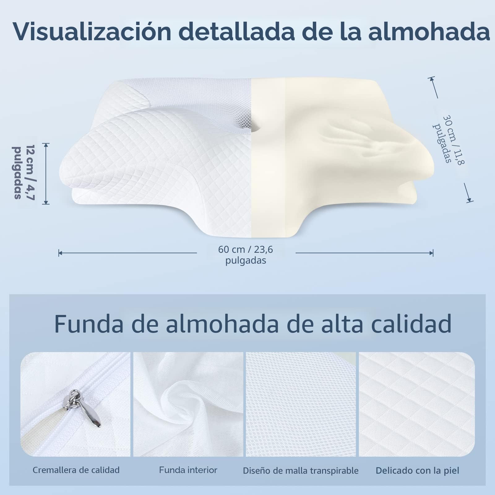 HOMCA Almohada Cervical de Espuma Viscoelastica, Almohada Ortopedica para Soporte de Cuello, Almohadas Ergonómico para Dormir de Lado y Boca Arriba