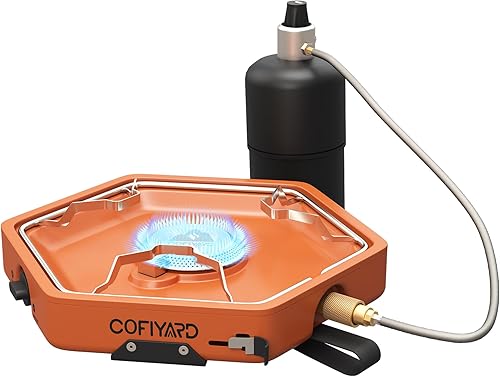 Estufa de propano portátil de 1 quemador con correa de transporte, estufa de campamento para mochileros para cocinar al aire libre, encendido estilo