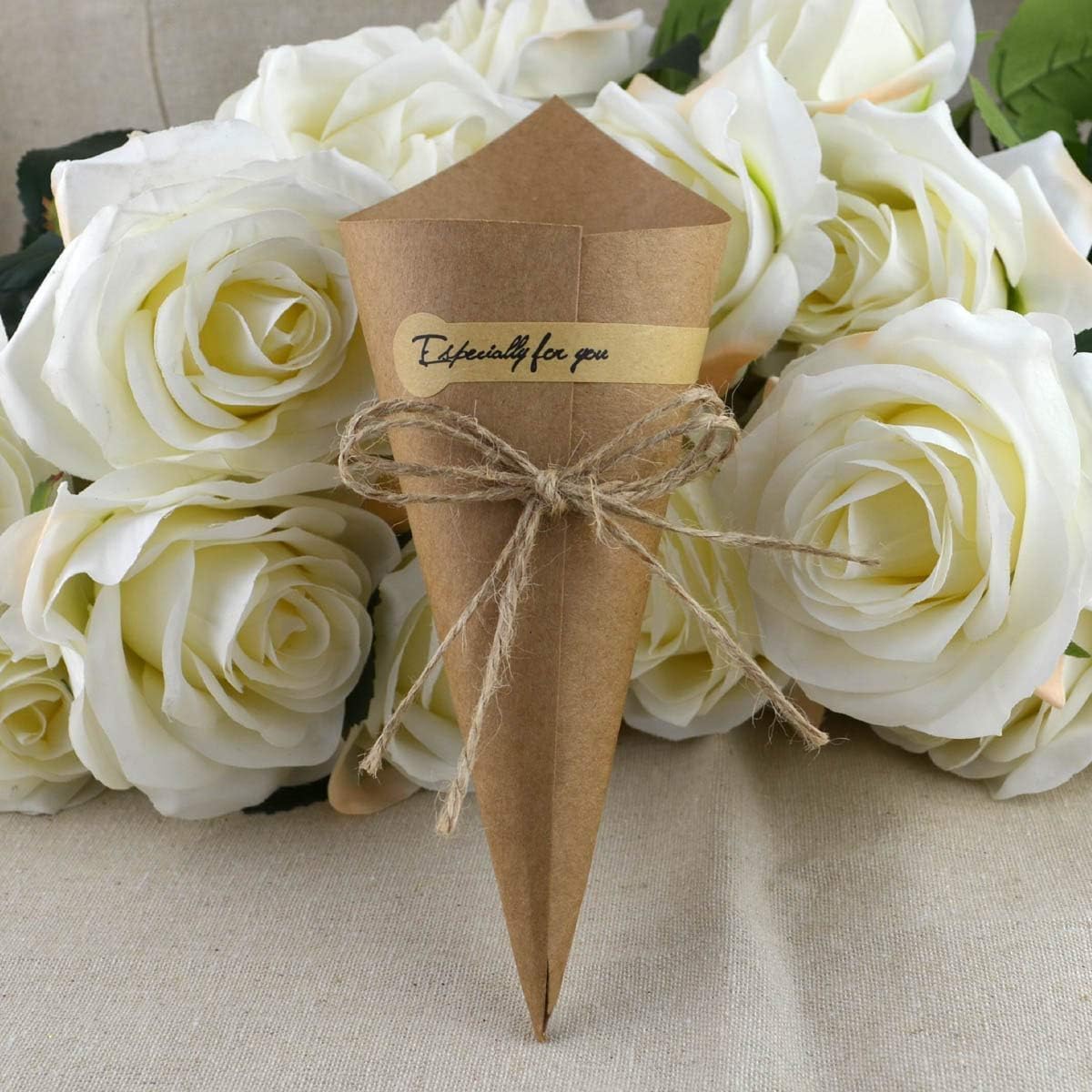 50pcs DIY Handmade Bouquet Packaging Paper Cone Yellow Kraft Paper with Hemp Rope Label Sticker Tape, Used for DIY Wedding Table Decor Party Gift Packaging, Brown