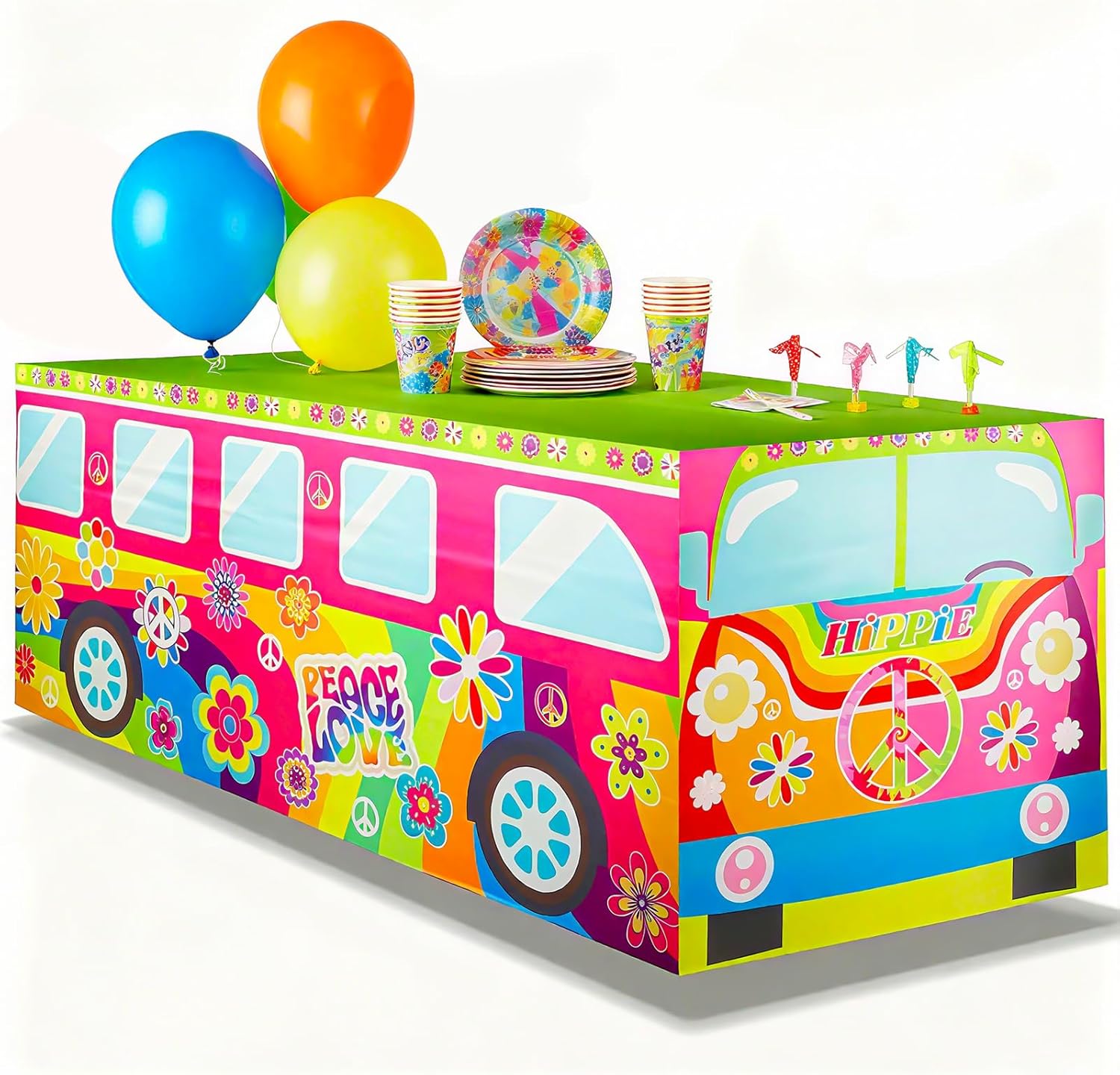6FT Hippie Groovy Bus Tablecloth,Hippie Birthday Party Decorations for 60s 70s Boho Themed Birthday,Baby Shower,Carnival Party Decorations