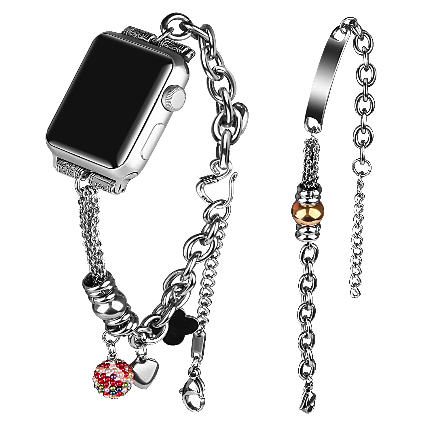VIIVY VIYIV Bling Bands Compatible with Apple Watch Band 38mm 40mm 42mm 44mm Iwatch SE Series 6/5/4/3/2/1, Women's Rhinestone Charms Strap Double Tour Chain Bracelet Wristband Stainless Steel