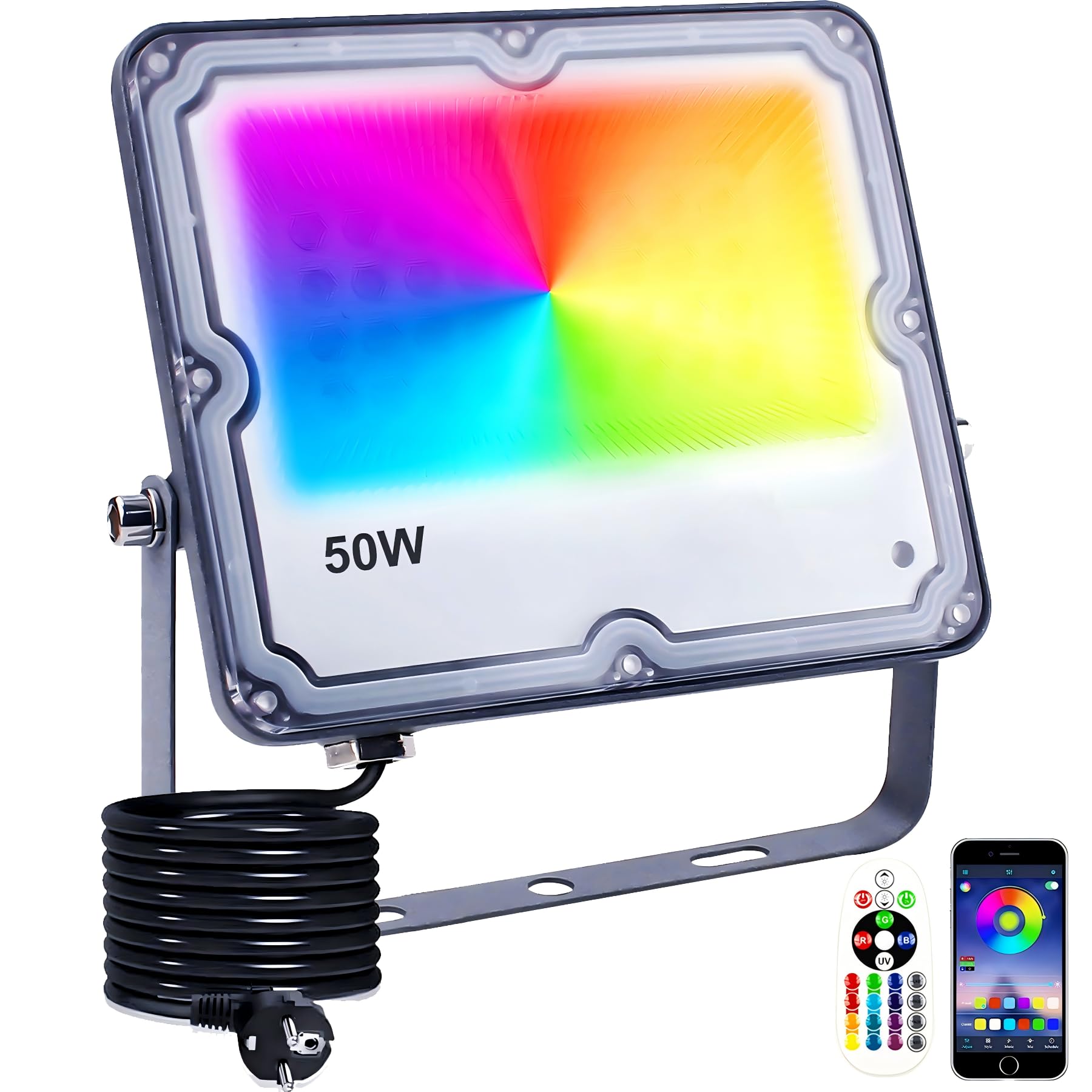 Proyector LED RGB exterior de 50W con 28 modos de iluminación para bañar de color fachadas y terrazas
