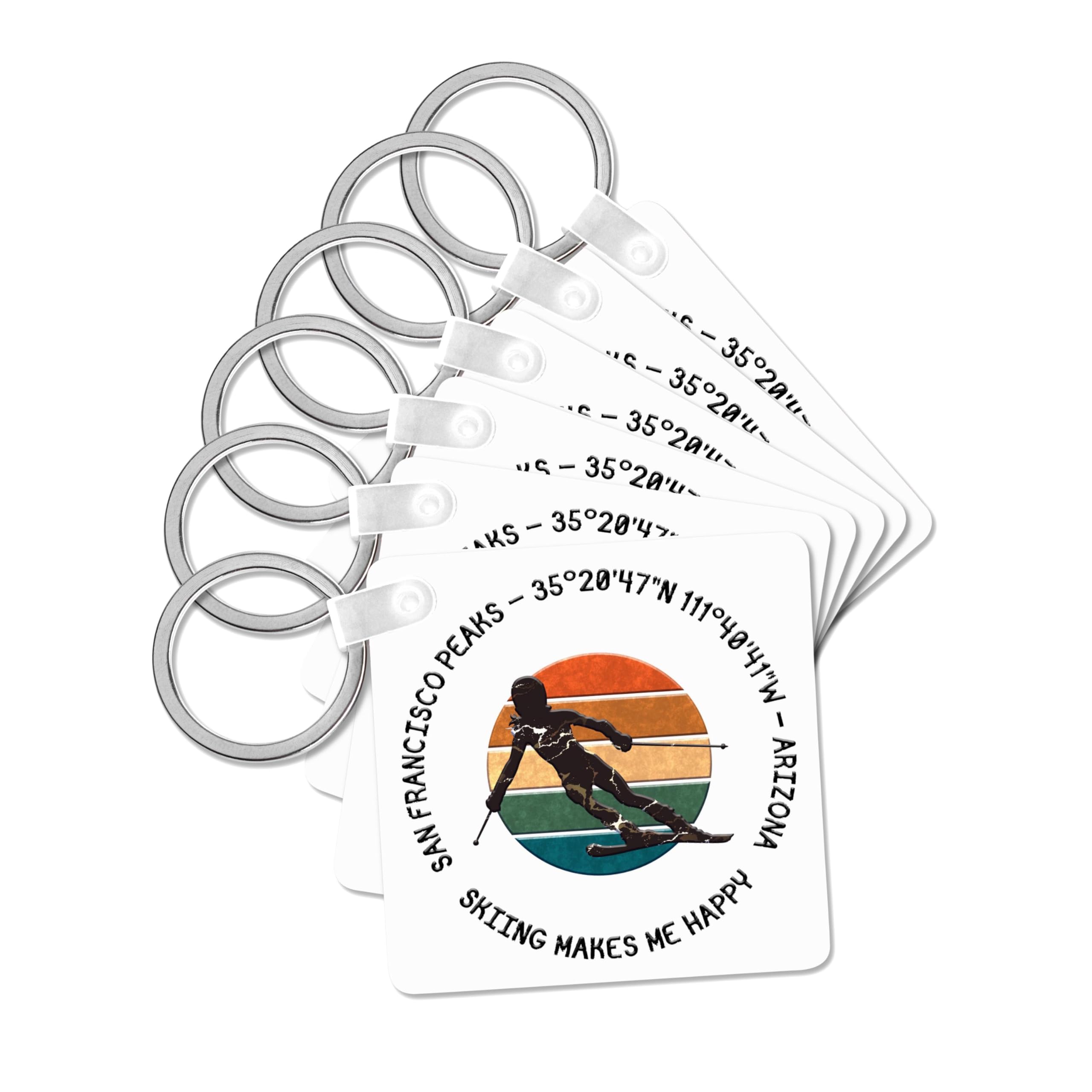 3dRose, San Francisco Peaks, Arizona. Woman skier on white. Downhill skiing, set of 2 Key Chains