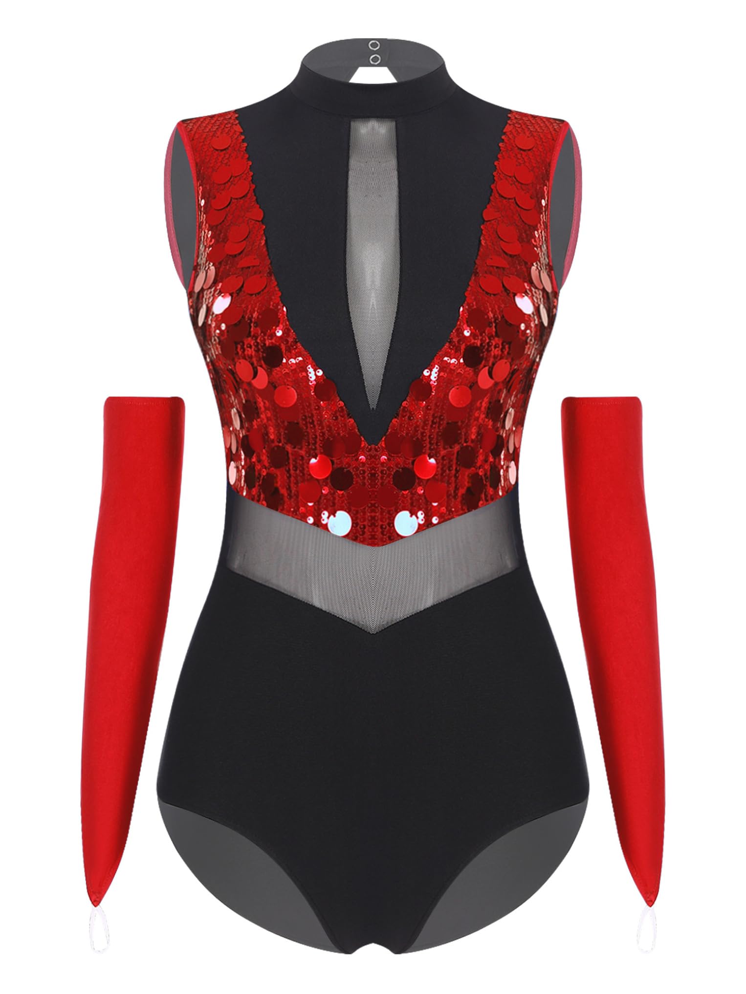 Oyolan Femme Justaucorps Gymnastique Paillette Brillant sans Manches Avec Gants Costume Danse Moderne Jazz Latine