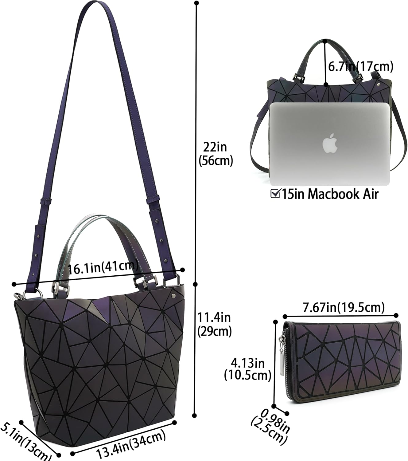 Geometric Luminous Crossbody Bag Set Reflective Holographic Handbag Unique Shoulder purse - Image 4