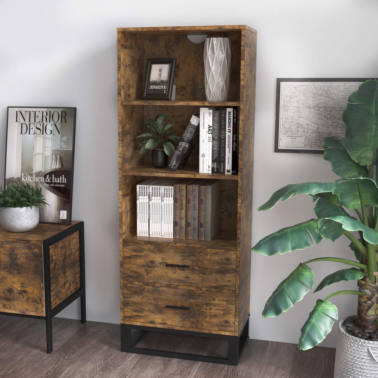IRONCK Industrial Bookcase with Drawers, 3-Tier Small Book Case for Living Room, Office, Library, Storage Cabinet for Books, Photos, Decorations, Industrial Brown