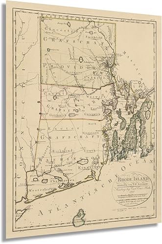HISTORIX Mapa vintage de Rhode Island 1797 – Mapa vintage de Rhode Island de 18 x 24 pulgadas para decoración de pared – Póster de Rhode Island