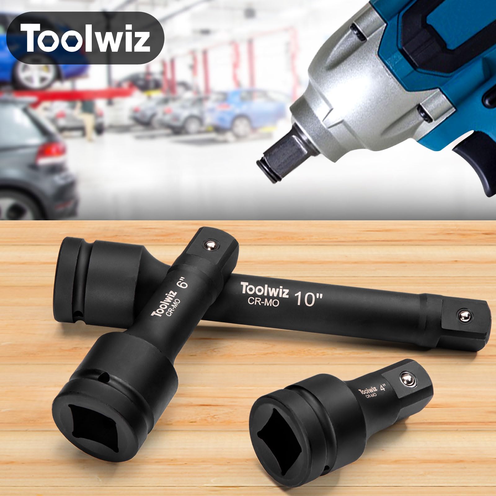 Toolwiz Jeu de Rallonges 1" pour Clé à Chocs 100mm, 150mm, 200mm, Cr-Mo | 3 Pièces, Compatible avec les Outils à Chocs Pneumatiques et Électriques, pour Réparation Mécanique, Boîte en PVC