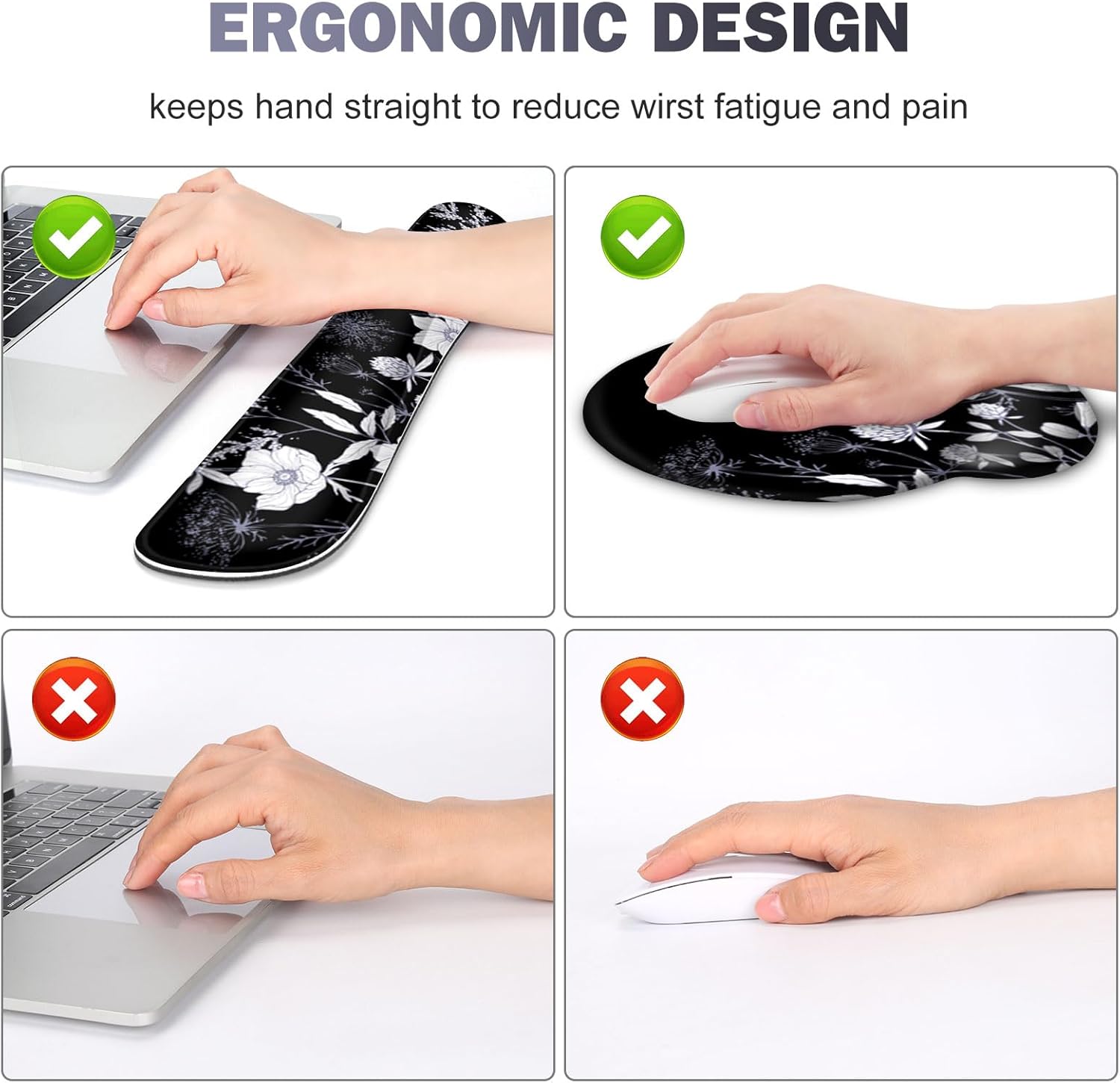 Gaming Mouse Pad, Large Desk Mat, Cute Desk Pad Protector, 4in1 XXL Mousepad + Keyboard Wrist Rest+Mouse Wrist Rest+Coaster Set with Ergonomic Desk Pad for Home Office PC Computer, Black White Flowers - Image 3