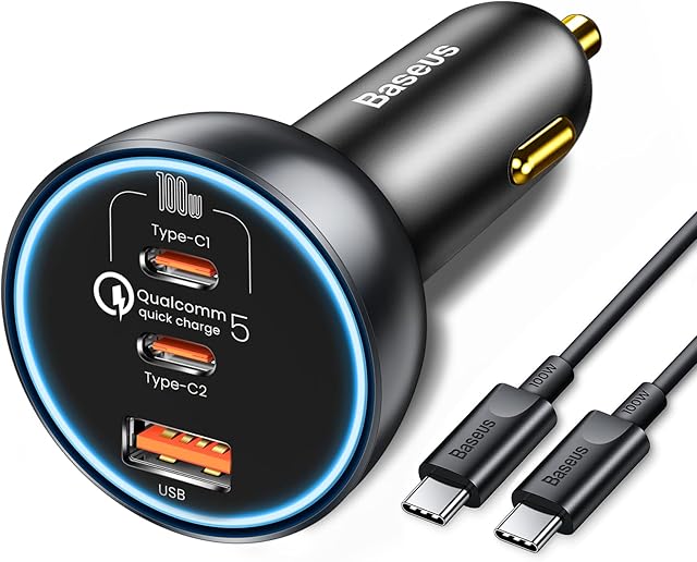 Baseus Car Charger USB C 160W, QC5.0 PD3.0 100W + 30W + 30W 3 Ports Fast Charge Simultaneously Cigarette Lighter USB Charger Adapter Compatible with Samsung, iPhone, Huawei, iPad, Tablet Laptop