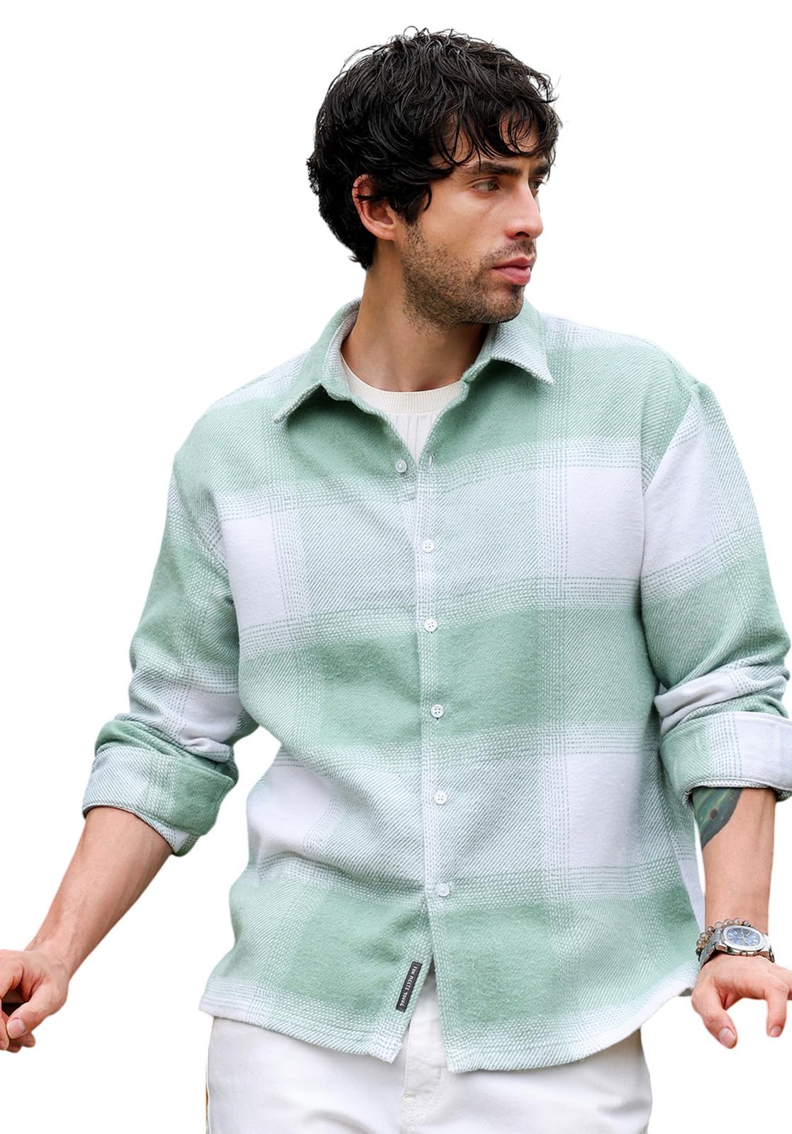 cahoot Men's Vignette Checkered Oversized Shirt | Spread Collar, Long Single Button Cuff Sleeves | Button, Straight Hem| Light Pistachio:Cream White-picture-55