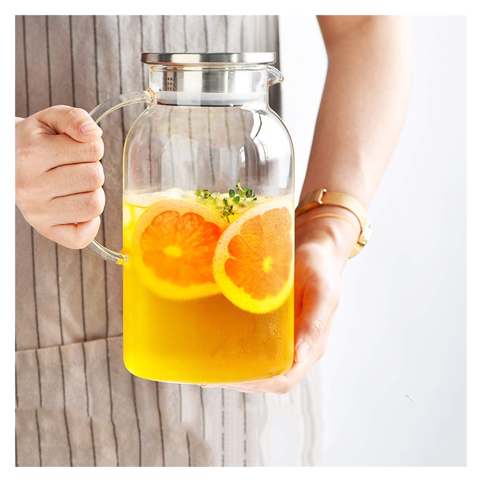 Jarra Agua Fria Lanzador de Vidrio de Gran Capacidad con Tapa de Acero Inoxidable Tetera de Cristal Resistente a la Alta Temperatura Material Engrosado Jarra Agua Detox Frutas (Size : 1.8L)