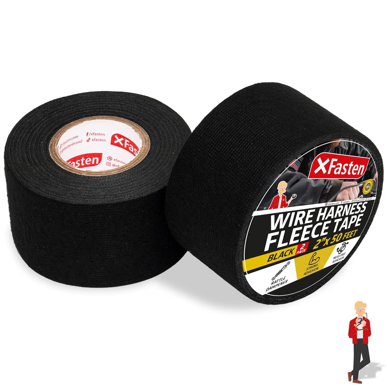 XFasten Wire Harness Tape 2 Inch x 50 ft (2-Pack 100ft Total) Residue-Free Cloth Electrical Felt Tape for Automotive Wiring Loom Wrap, High Temp and Abrasion Resistant, Noise Dampening Insulation