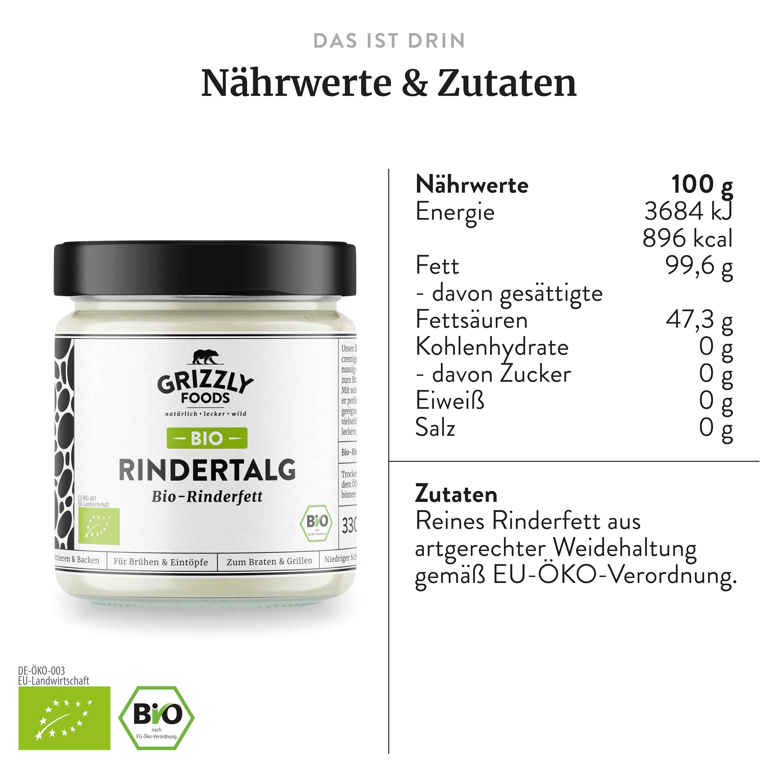 Grizzly Foods • BIO Rindertalg (1 x 330g) • Organic Beef Tallow • 100% natürlich • Hoher Rauchpunkt • Ohne Zusätze • Perfekt für Braten, Backen, Frittieren • Cremige Textur & buttrig-grasiges Aroma