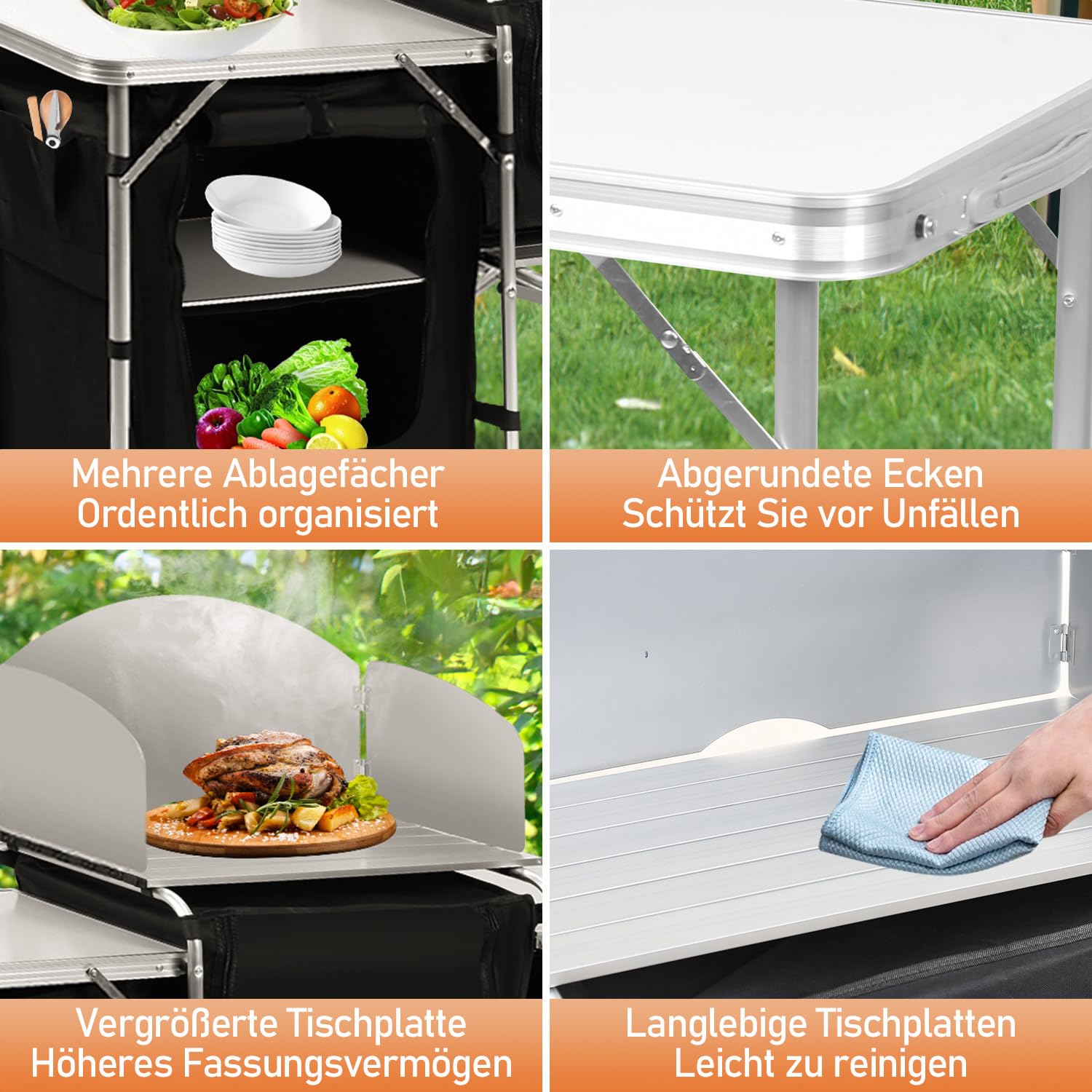 Daromigo XXL Campingküche faltbar, 3 Arbeitsflächen & 5 Fächer – Mobile Outdoor Kochstation mit Windschutz & Tasche, Großer Campingschrank stabil für Familien, Grillen & Wohnmobil