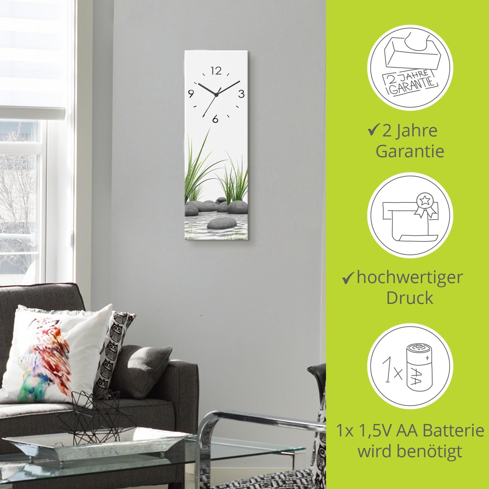 ARTLAND Wanddeko Wanduhr ohne Tickgeräusche Glas Funkuhr 20x60 cm Rechteckig Lautlos Natur Design Zen Spa Steine Asiatisch Modern T6CD