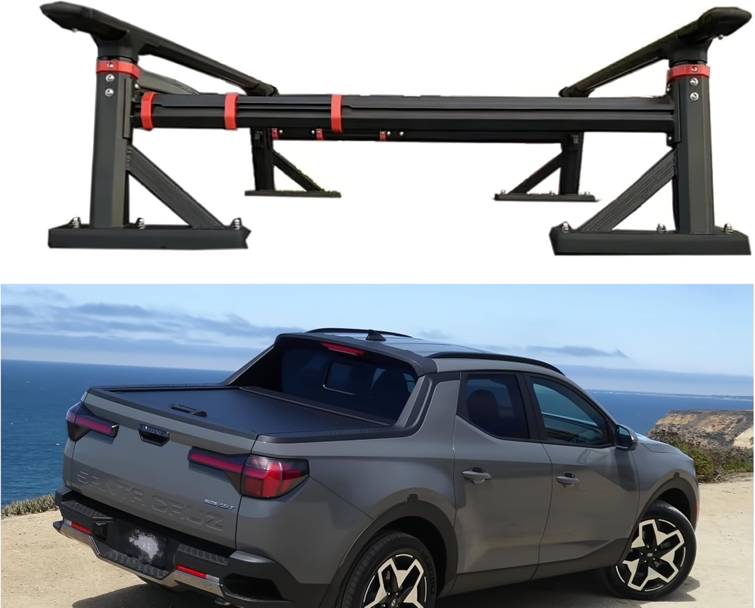 ROKIOTOEX Adjustable Truck Bed Racks Fit for 2022-2026 Hyundai Santa Cruz Truck Ladder Rack Side Rails - Heavy Duty Overland Tent Kayak Boat Carrier - Powder Coat - Aluminum Black