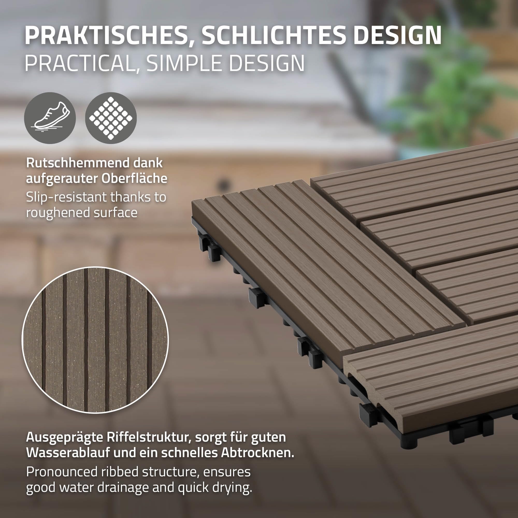 ECD Germany Plytki Tarasowe WPC 30x30 cm 22 Szt 2m² Ciemnobrazowy Mozaika o Wygladzie Drewna Podloga z Systemem Click i Drenazem Panele Tarasowe na Balkon i Ogród Latwy Montaz Odporne na Warunki