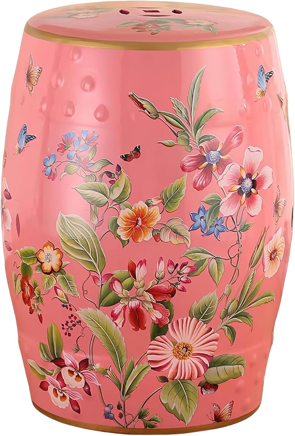 Chinoiserie Ceramic Drum Indoor/Outdoor Garden Stool,Bird & Flower,Classic,Bohemian,Cottage,French Country,Bathroom,Garden Room,Patio(11" D x 11" W x 18" H, Green)