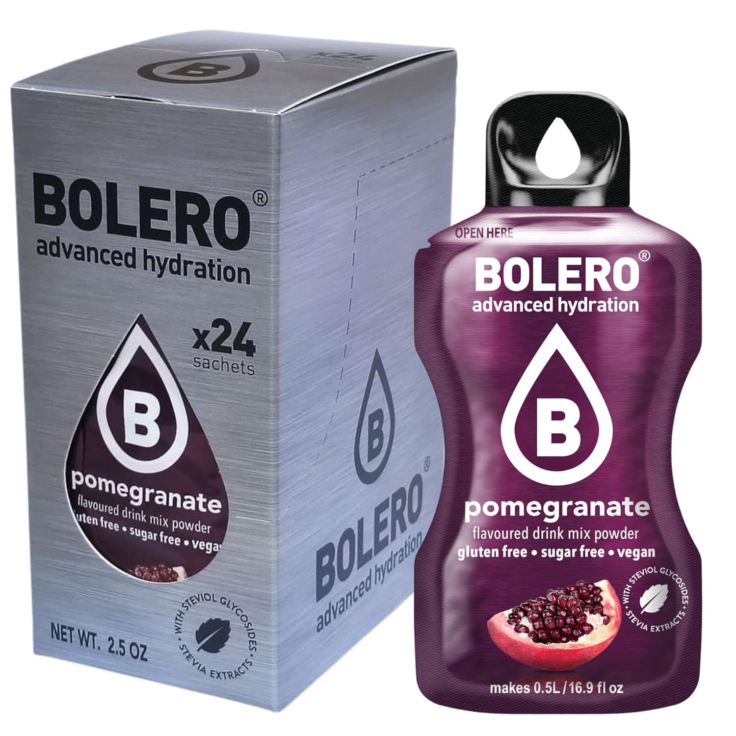 Bolero Napój 24 torebki 3 g g g Sticks Owoce Przygotowane Rozpuszczalny Proszek Do Świeży Napój Wody Produktu, 72 gramów słodzony stewią (Pomegranat)