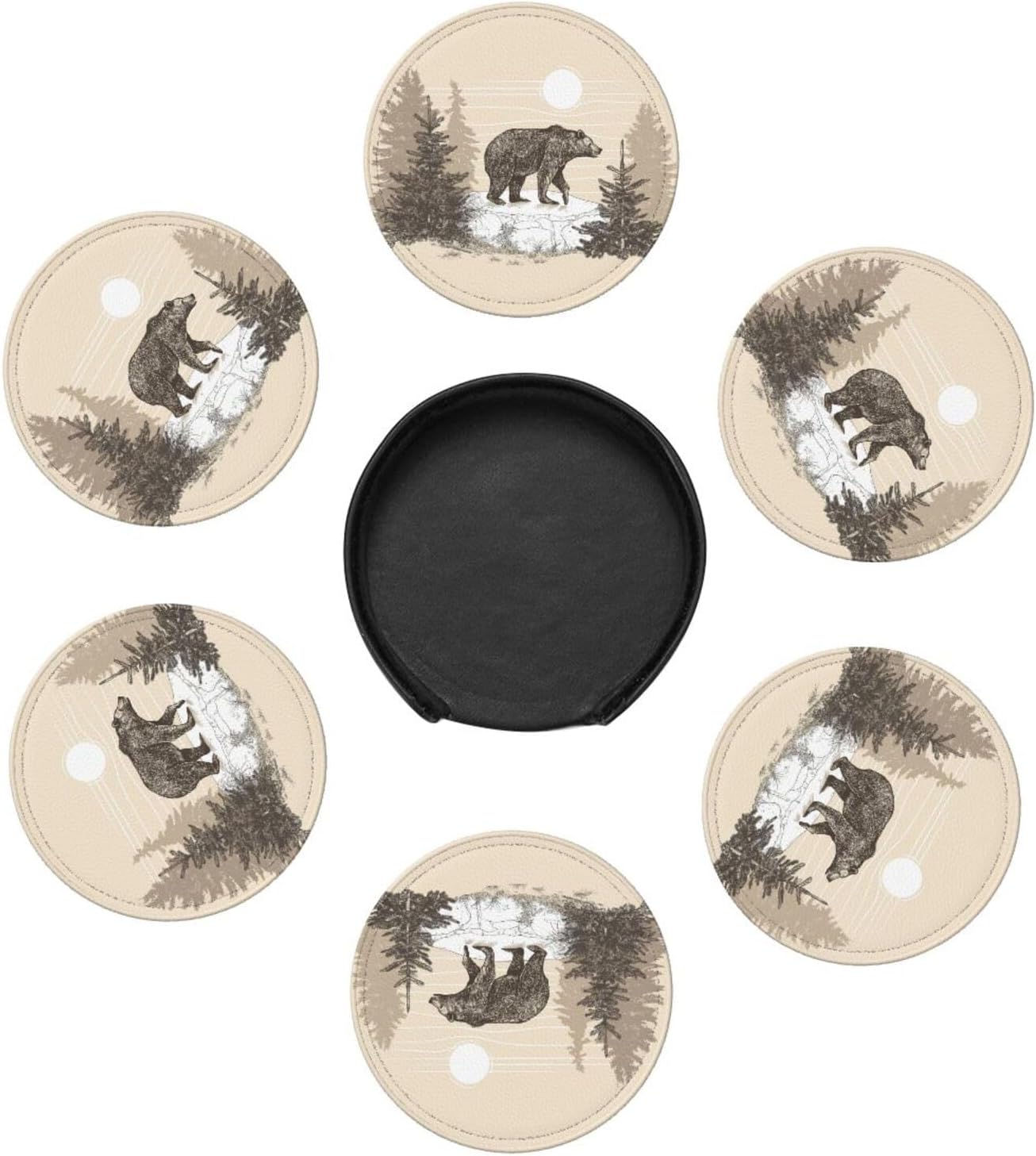 Famame 6 Pcs Vintage Bear in Stone Leather Coasters for Drinks with Holder Coaster Sets Drink Table Cup Coasters for Living Room Kitchen Coffee Decor - Image 4