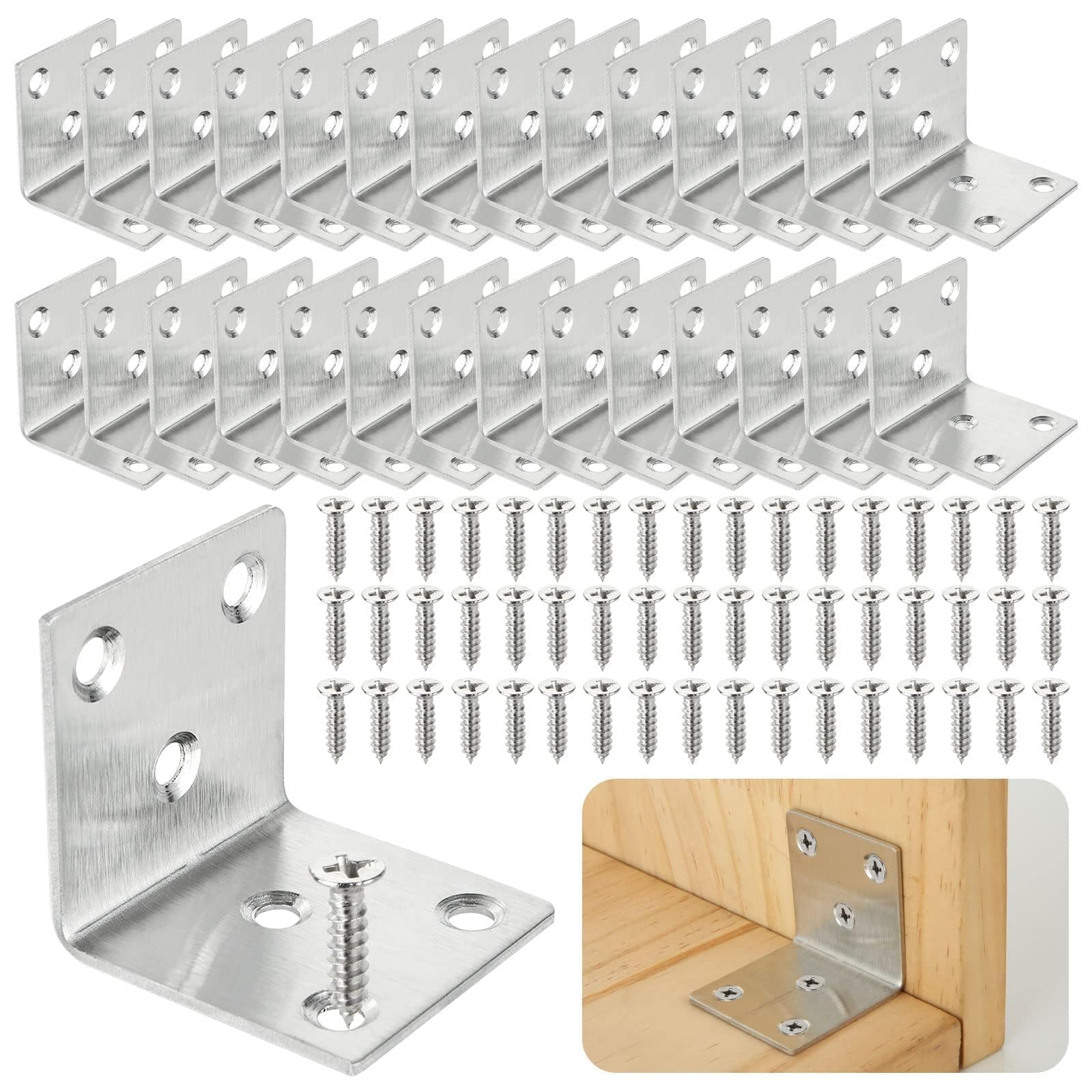 ASelected 40 Pezzi Squadrette Staffe Angolari per Mensole 40x40mm Inox | Per Legno, Angolari Metallo per Legno e Supporti a L in Acciaio Inox per mobili, ripiani e casa