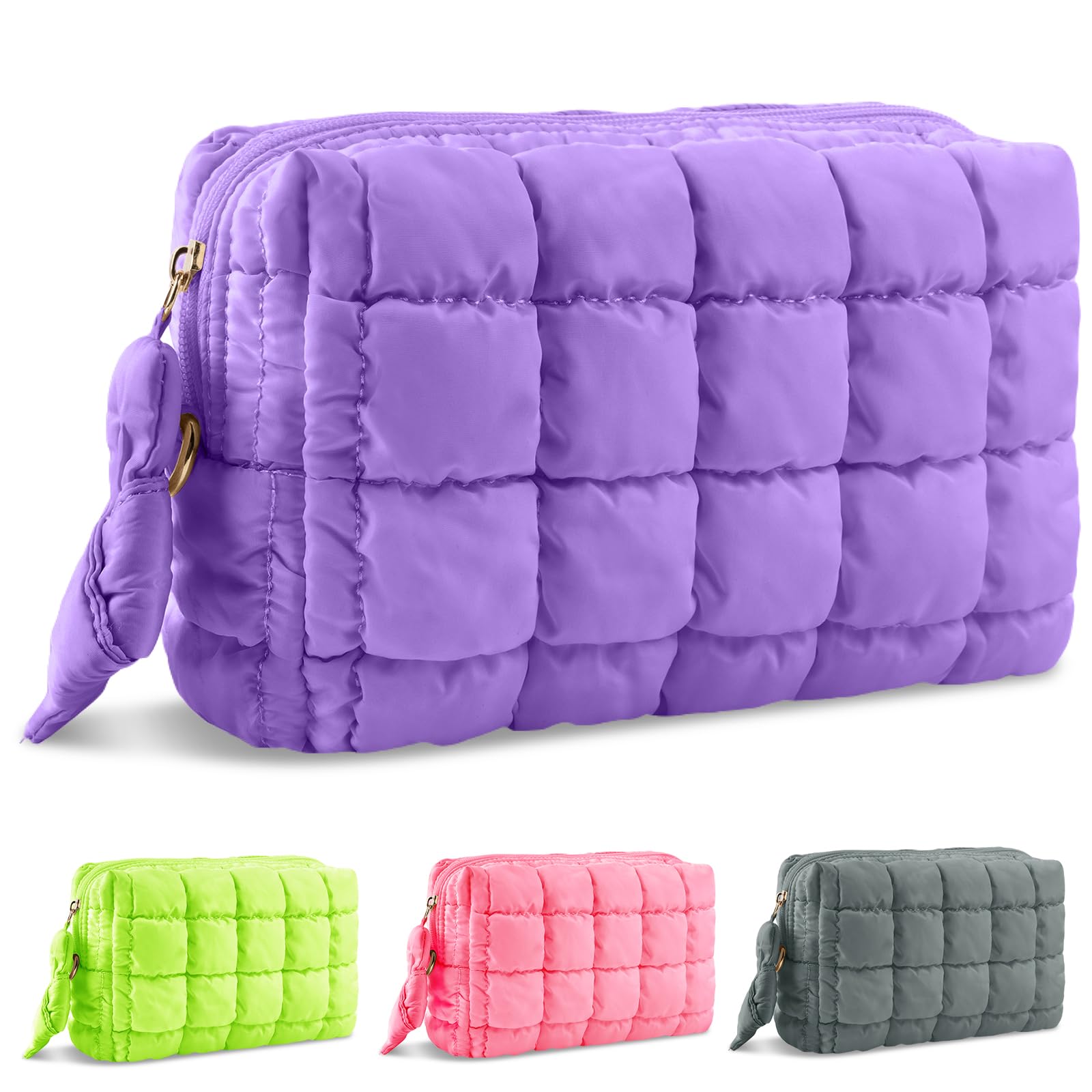 Puffer Quilted Makeup Bag Cosmetic Bags,Puffy Travel Toiletry Pouch for Women,Cute Checkered Zipper Bag Travel Essential,Portable Aesthetic Make up