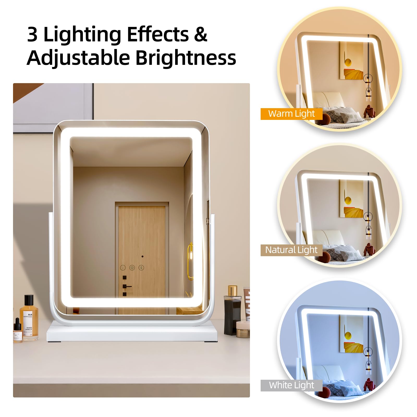 Miroir de Maquillage Lumineux LED 40x47 cm Carré, Rotation 360° Orientable avec Touche Tactile, 3 Modes de Couleur (Froid/Chaud/Naturel) à Intensité Variable Miroir de Table Hollywood