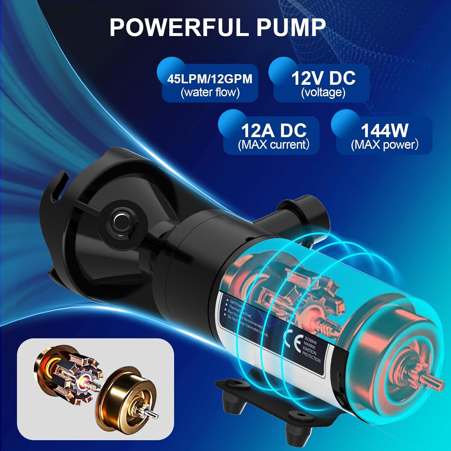 RV Macerator Pump 12V, 12GPM RV Waste Water Pump Self-Priming Sewer Pump with Garden Hose Discharge Port, Quick Release Sewage Pump with 10FT Tubing