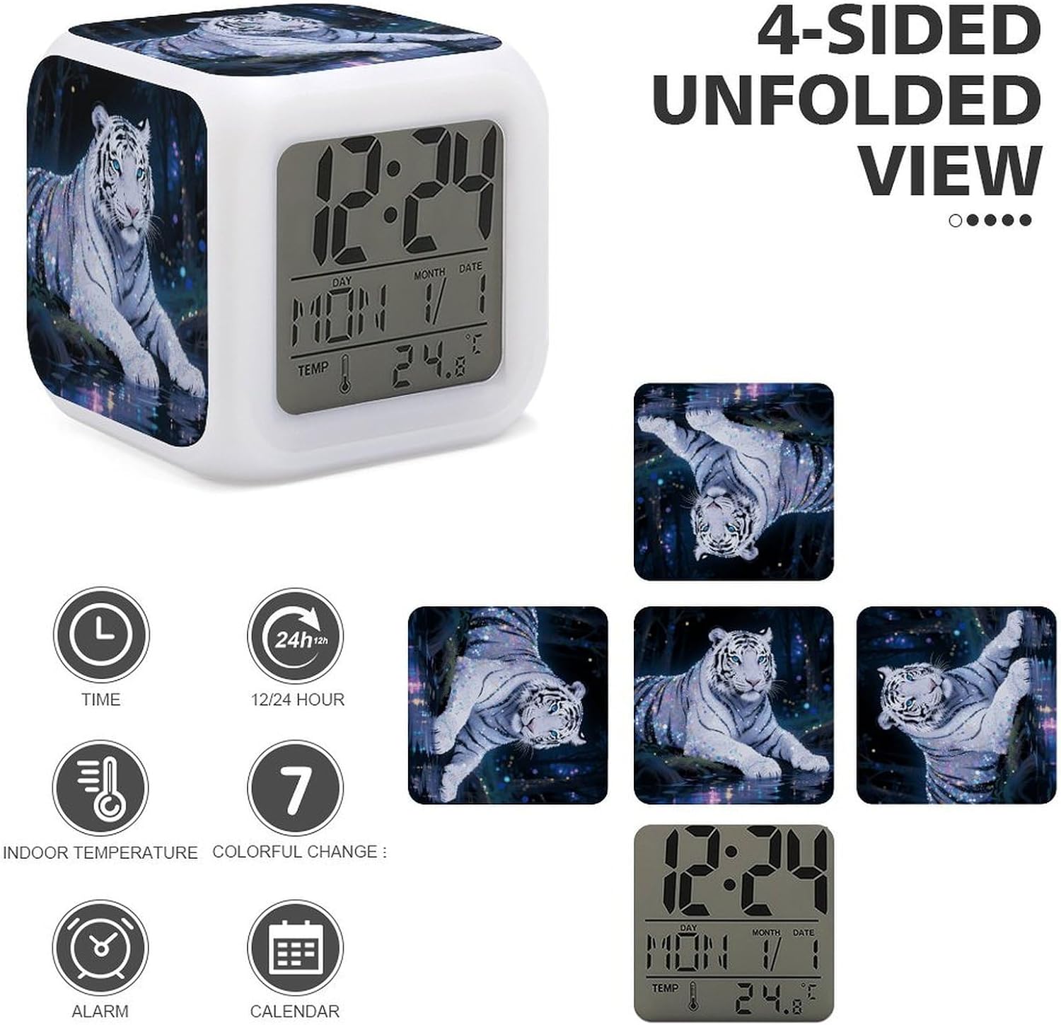 Night Light Alarm Clock, 7 Color Changing, White Tiger image 4