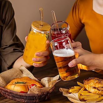 SENTVEND 16 Oz Drinking Glasses with Bamboo Lids and Glass Straw - 6 Pcs Glass Cups Beer Ice Coffee Glasses Cute Aesthetic Cup Great for Coffee Bar Accessories Include 2 Cleaning Brushes