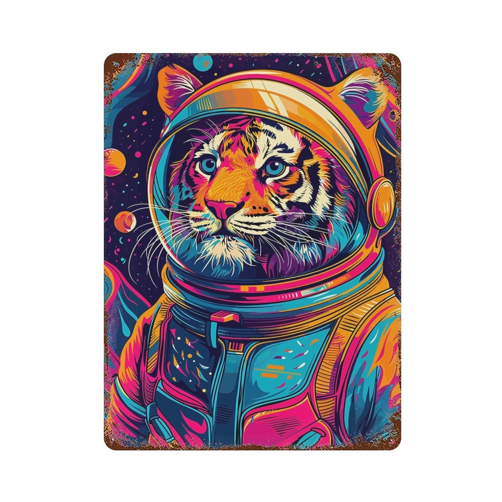 Retro Metal Sign with Astronaut Space Tiger Design 15.7"x11.8", for Shed, Workshop And Garage Wall Decor, Industrial Home Decor