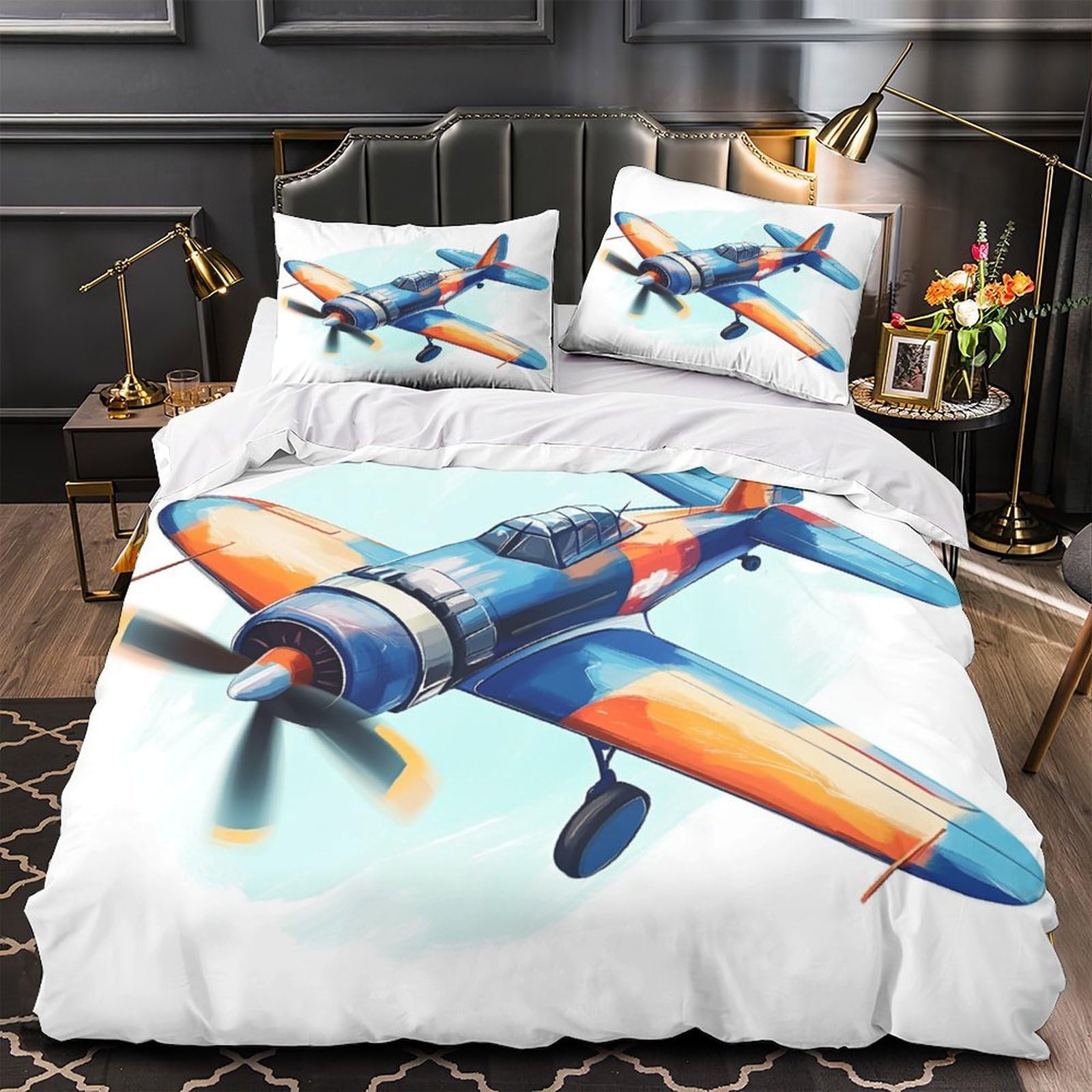 Housse de couette avion vintage inaltérable pour lit 260x220 cm adultes