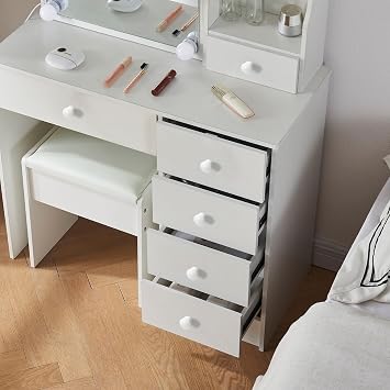80cm Wide Dressing Table with Light, Adjustable Brightness, Small Vanity Table with Mirror and 1 Stool, 5 Large Drawers for Girls, 80 x 36 x 131 cm, Modern, White