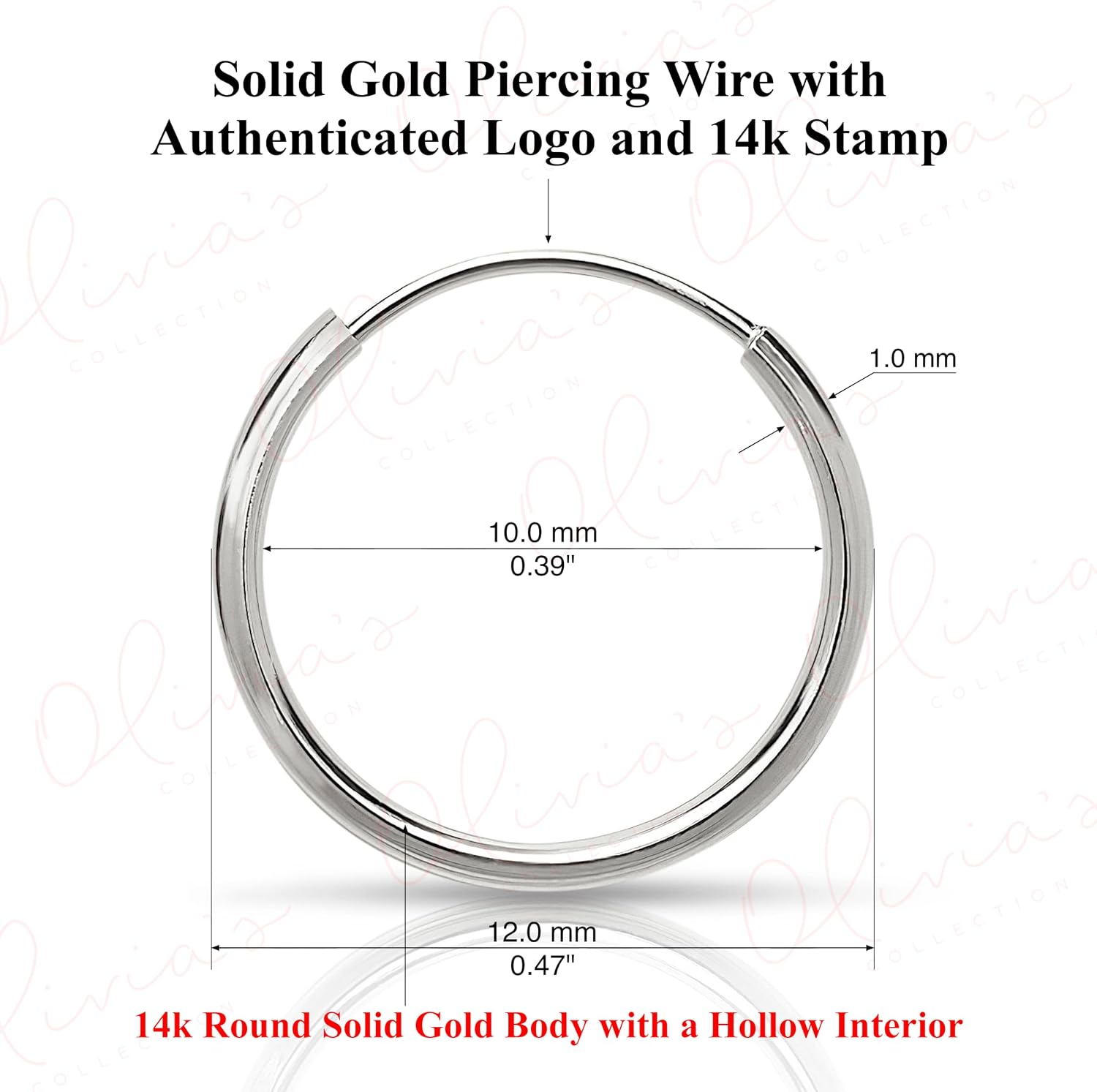Olivia's Collection 14k White or Yellow Gold Lightweight Endless Hoop (10-20x1.0 mm), Single Piercing for Lobe, Upper Lobe, Snug, Helix, Rook, or Tragus for Women, Men, and Teens