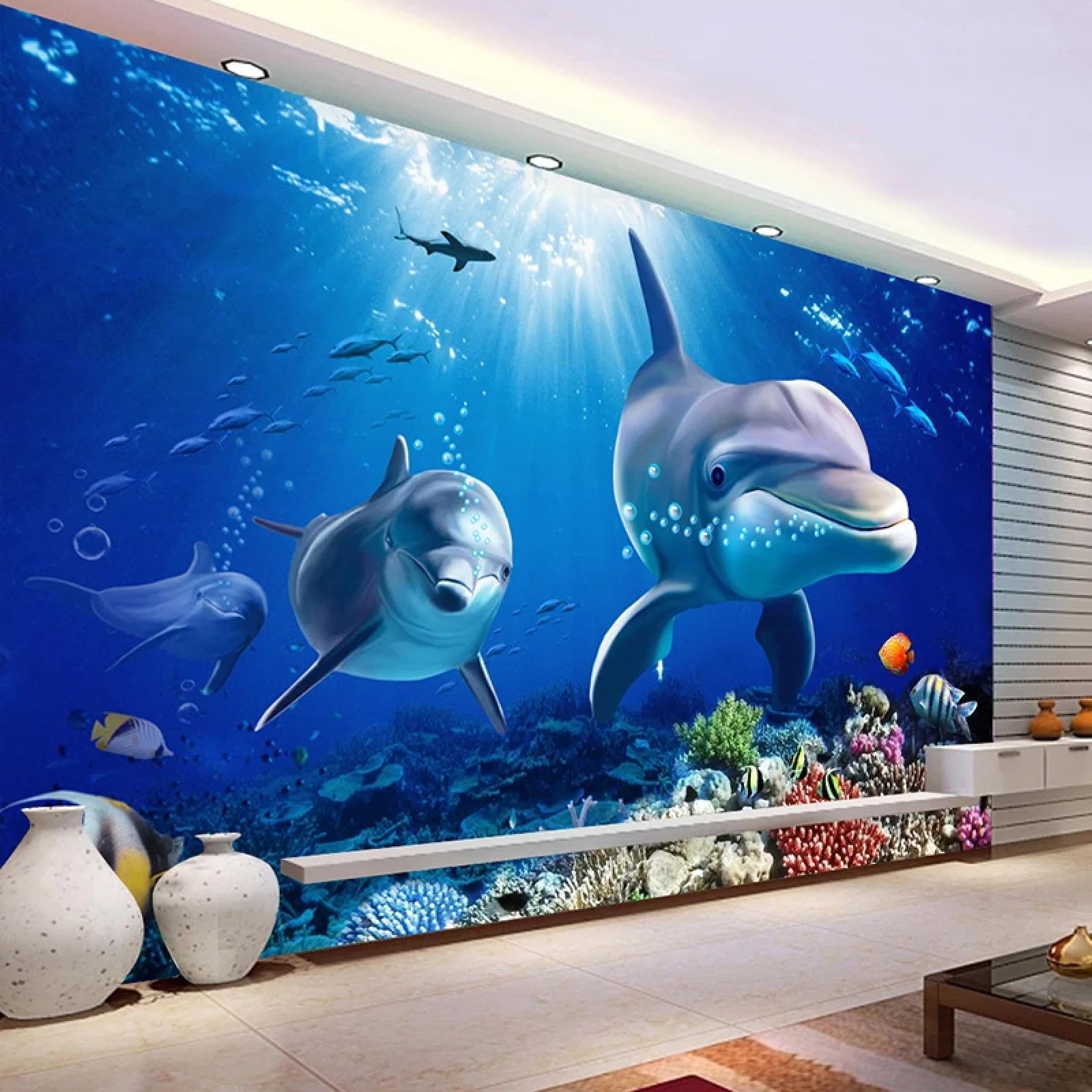 Papier peint mural autocollant PVC 3D salon dauphin monde sous-marin