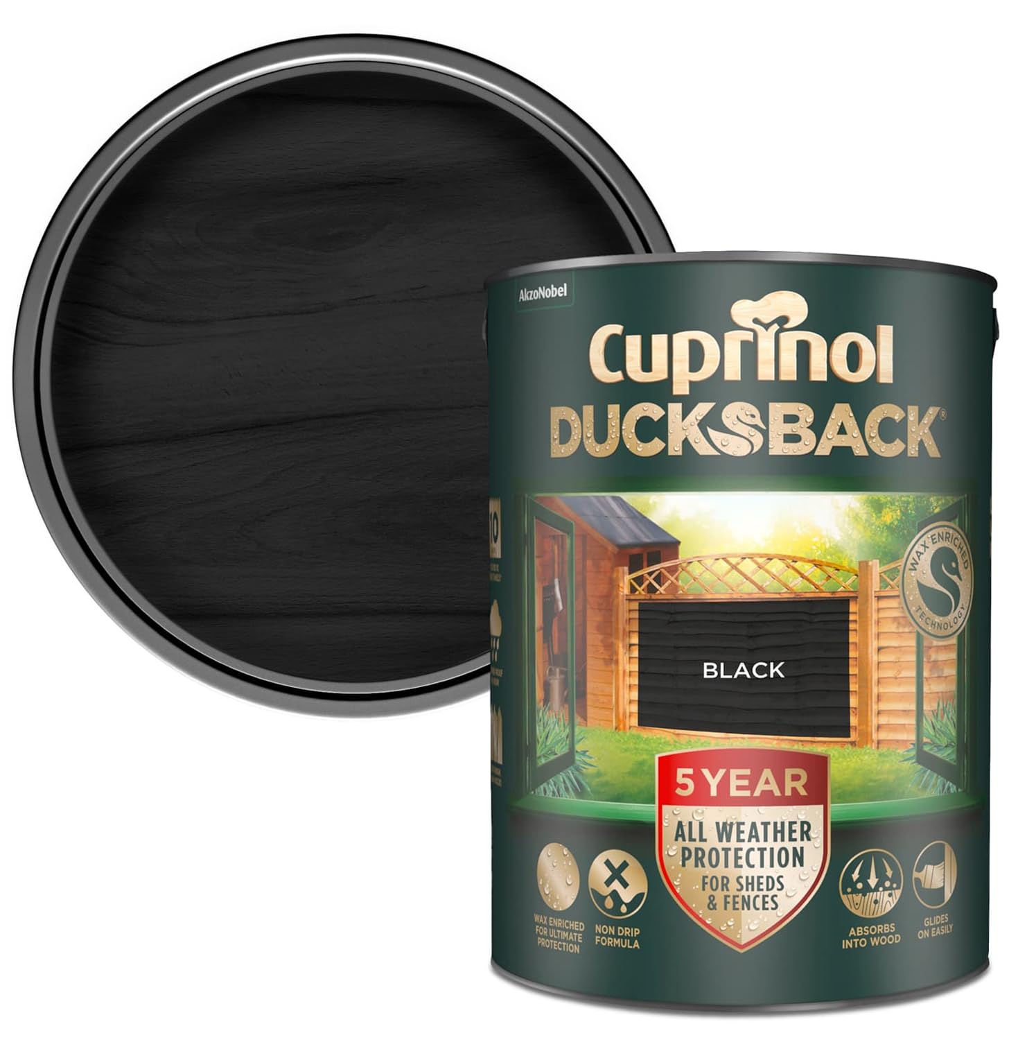 Shed & Fence Paint Black 5L – Fence Paint, 5-Year Weatherproof, Wax-Enriched Non-Drip Formula, Quick-Dry, Water-Repellent Exterior Wood Treatment — image 1