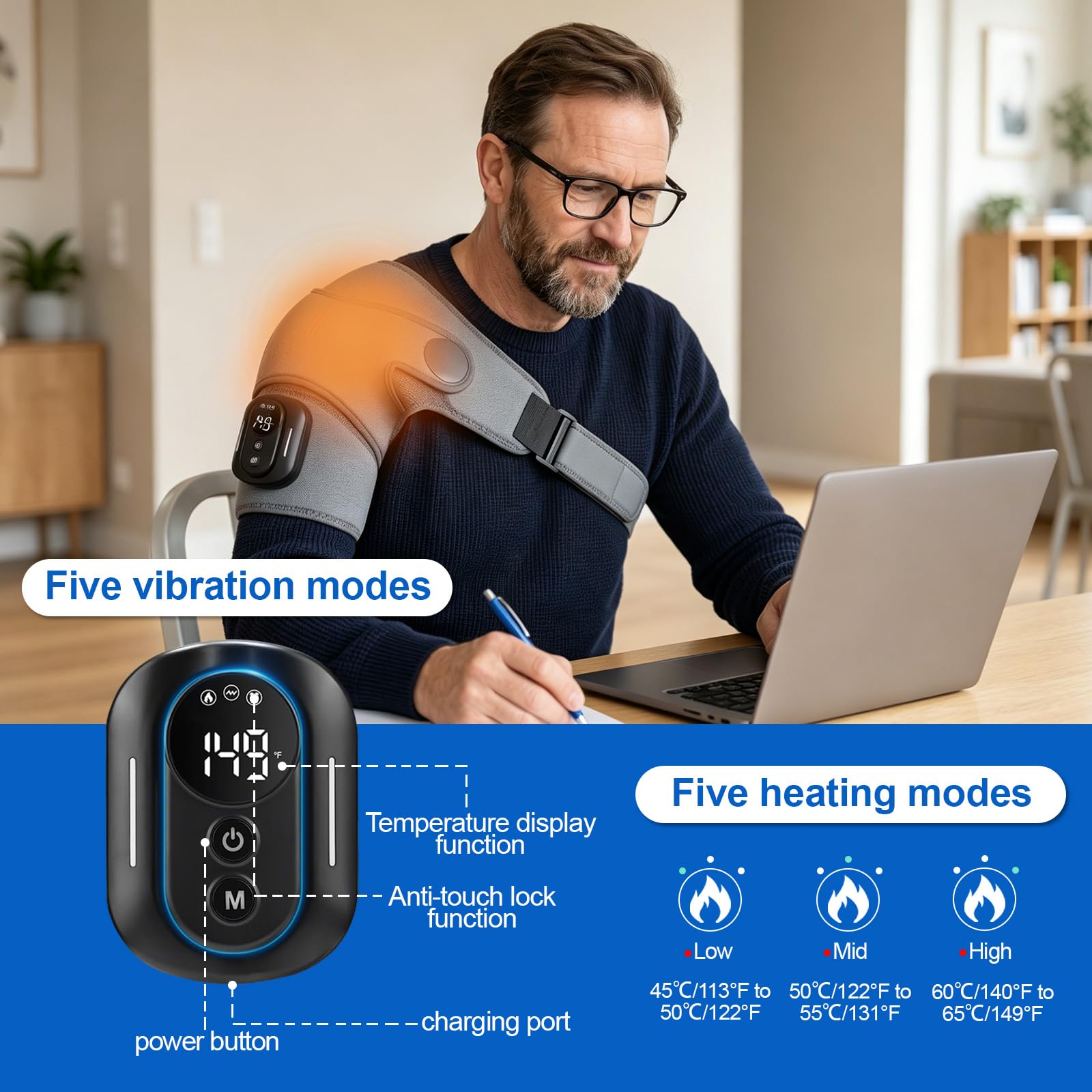 Masseur d'épaule, bandage d'épaule avec 5 niveaux de chaleur et 5 modes de vibration, appareil de massage d'épaule portable avec batterie 5000 mAh, avec télécommande, bandoulière réglable pour gauche