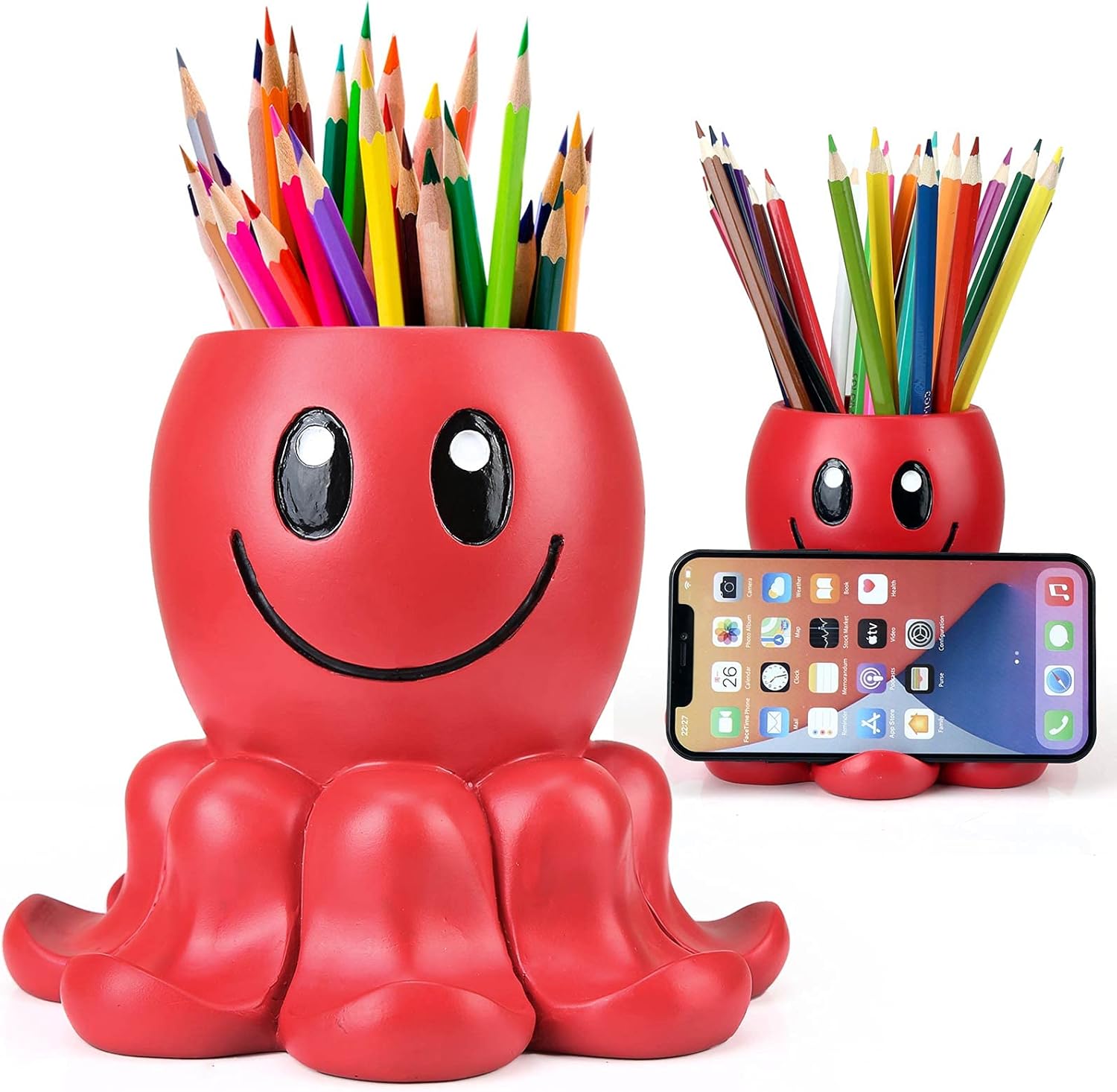 SINWOSAI, Pen Pencil Holder with Phone Stand, Resin Holder Desk Organizer Decoration for Office Desk Home Decorative (Octopus)